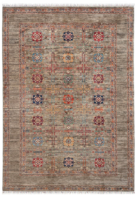 Contemporary Bilcik Turkmen 7x10 rug with dusted olive taupe field, colorful tribal motifs, handmade Ghazni wool area rug from Indigo Rugs Burlingame Bay Area.