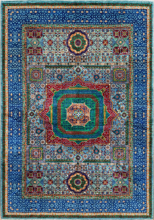 Handmade luxury 6x8 Turkish rug with intricate geometric design in deep blue, emerald green, and ruby red. Perfect for bedroom, living room, or dining space. Premium quality from the best rug shop in San Mateo, SF Bay Area. Free shipping available.