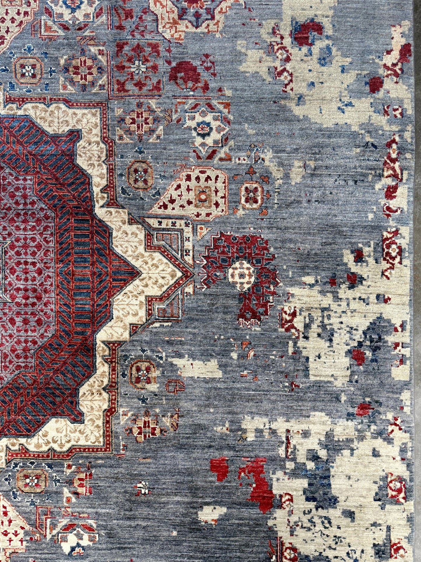 Transitional erased modern Mamluk design rug in 9x12 size with crimson medallion, silvery gray background, and ivory accents — perfect for living rooms, dining rooms, or bedrooms. Handmade wool rug from Indigo Rugs, Burlingame SF Bay Area with free shipping.