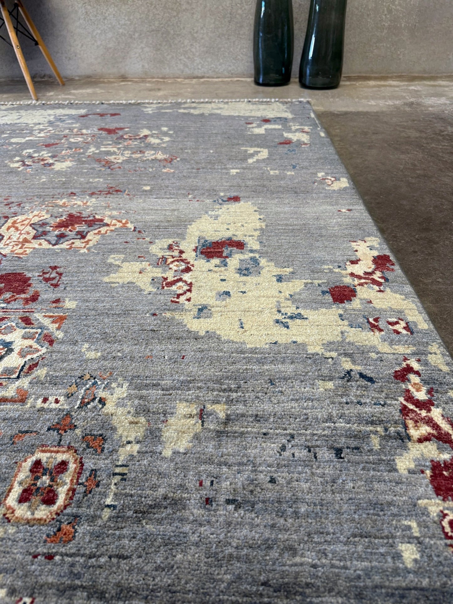 Transitional erased modern Mamluk design rug in 9x12 size with crimson medallion, silvery gray background, and ivory accents — perfect for living rooms, dining rooms, or bedrooms. Handmade wool rug from Indigo Rugs, Burlingame SF Bay Area with free shipping.
