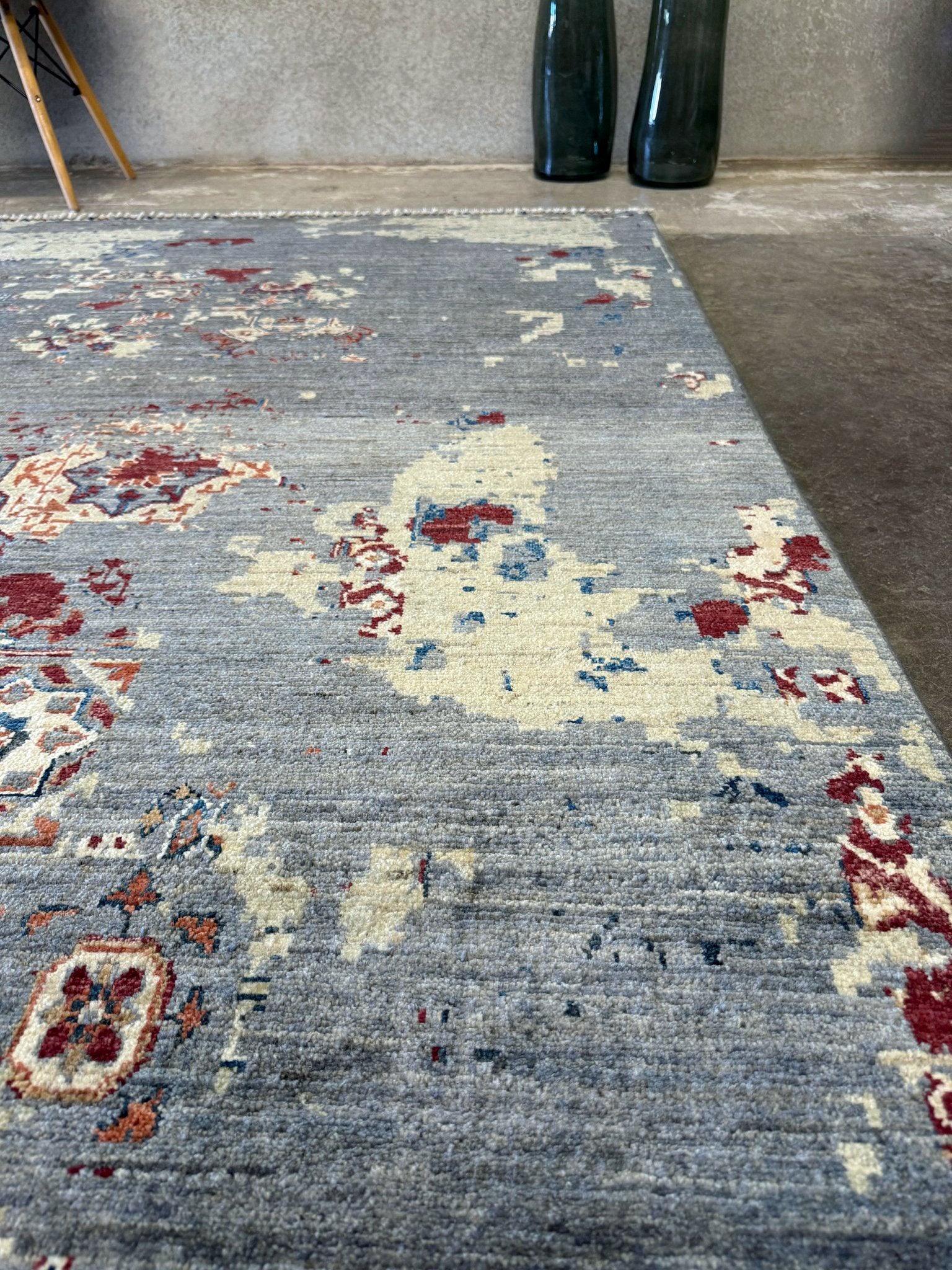 Transitional erased modern Mamluk design rug in 9x12 size with crimson medallion, silvery gray background, and ivory accents — perfect for living rooms, dining rooms, or bedrooms. Handmade wool rug from Indigo Rugs, Burlingame SF Bay Area with free shipping.