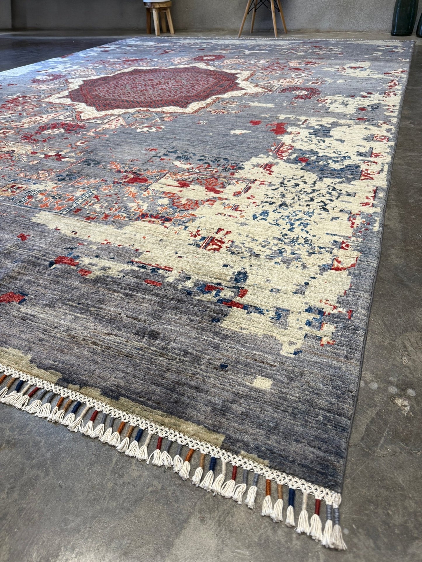 Transitional erased modern Mamluk design rug in 9x12 size with crimson medallion, silvery gray background, and ivory accents — perfect for living rooms, dining rooms, or bedrooms. Handmade wool rug from Indigo Rugs, Burlingame SF Bay Area with free shipping.