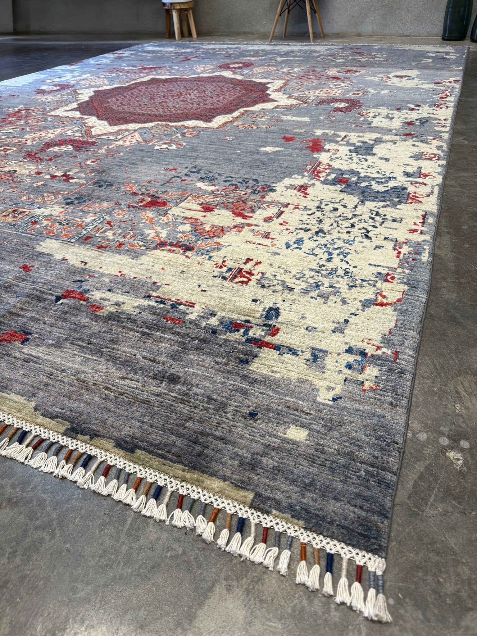 Transitional erased modern Mamluk design rug in 9x12 size with crimson medallion, silvery gray background, and ivory accents — perfect for living rooms, dining rooms, or bedrooms. Handmade wool rug from Indigo Rugs, Burlingame SF Bay Area with free shipping.