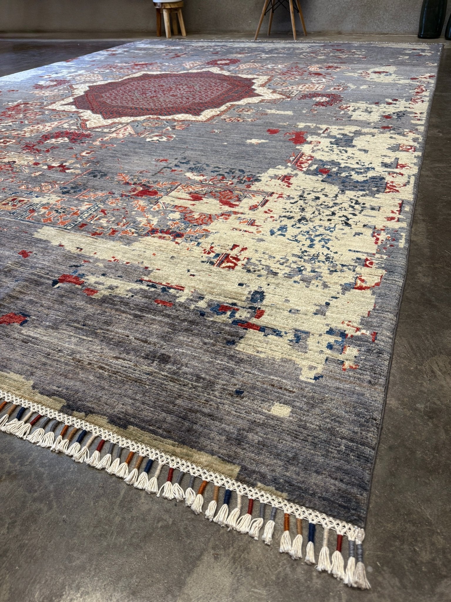 Transitional erased modern Mamluk design rug in 9x12 size with crimson medallion, silvery gray background, and ivory accents — perfect for living rooms, dining rooms, or bedrooms. Handmade wool rug from Indigo Rugs, Burlingame SF Bay Area with free shipping.