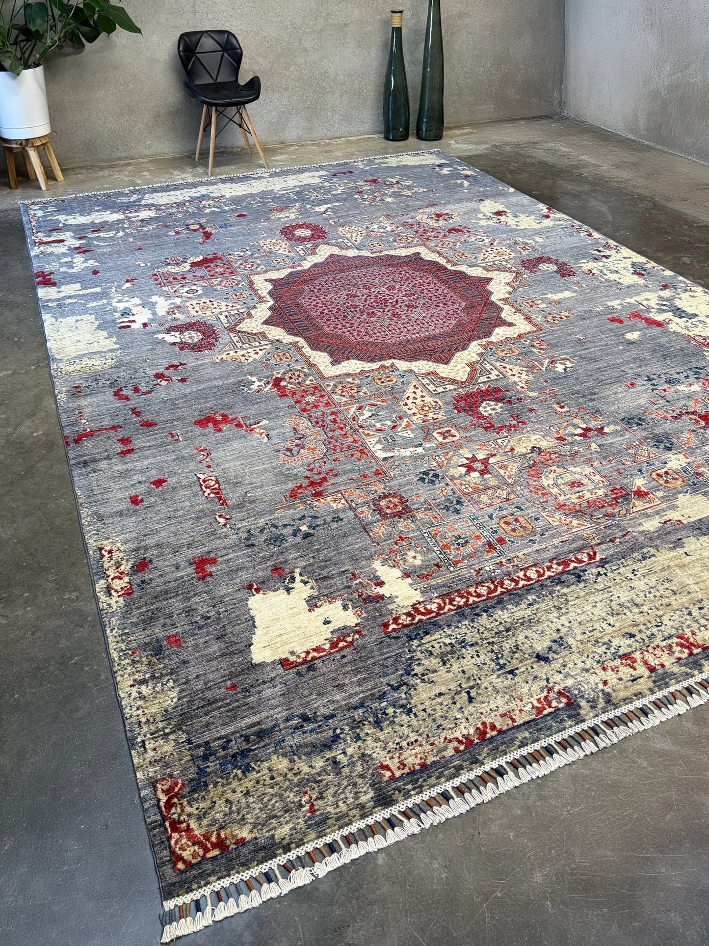 Transitional erased modern Mamluk design rug in 9x12 size with crimson medallion, silvery gray background, and ivory accents — perfect for living rooms, dining rooms, or bedrooms. Handmade wool rug from Indigo Rugs, Burlingame SF Bay Area with free shipping.