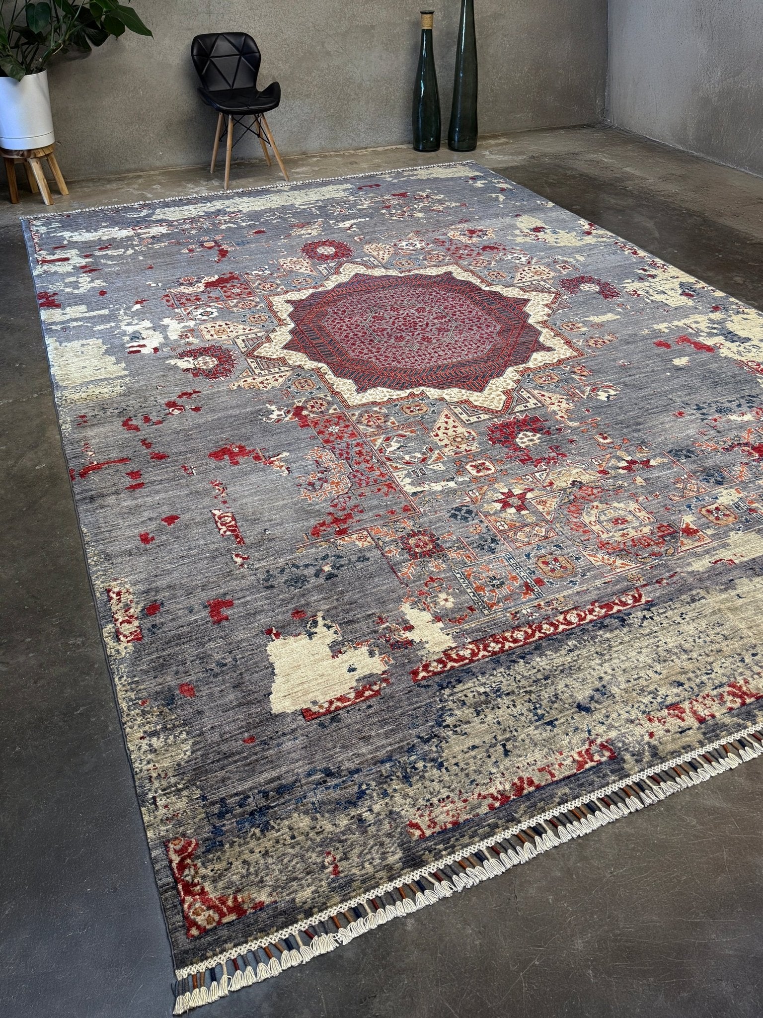 Transitional erased modern Mamluk design rug in 9x12 size with crimson medallion, silvery gray background, and ivory accents — perfect for living rooms, dining rooms, or bedrooms. Handmade wool rug from Indigo Rugs, Burlingame SF Bay Area with free shipping.
