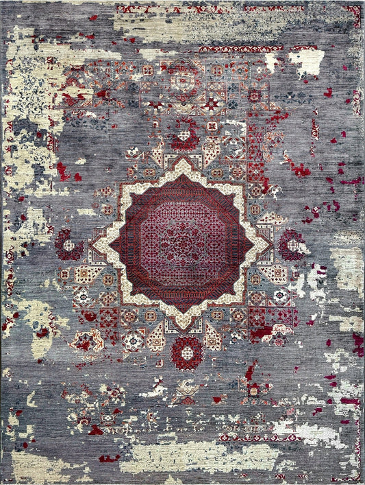 Transitional erased modern Mamluk design rug in 9x12 size with crimson medallion, silvery gray background, and ivory accents — perfect for living rooms, dining rooms, or bedrooms. Handmade wool rug from Indigo Rugs, Burlingame SF Bay Area with free shipping.