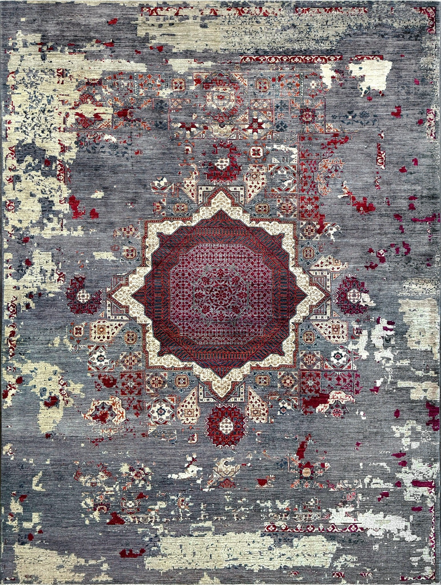 Transitional erased modern Mamluk design rug in 9x12 size with crimson medallion, silvery gray background, and ivory accents — perfect for living rooms, dining rooms, or bedrooms. Handmade wool rug from Indigo Rugs, Burlingame SF Bay Area with free shipping.