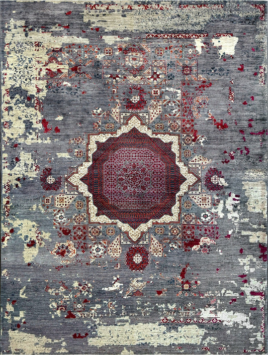 Transitional erased modern Mamluk design rug in 9x12 size with crimson medallion, silvery gray background, and ivory accents — perfect for living rooms, dining rooms, or bedrooms. Handmade wool rug from Indigo Rugs, Burlingame SF Bay Area with free shipping.