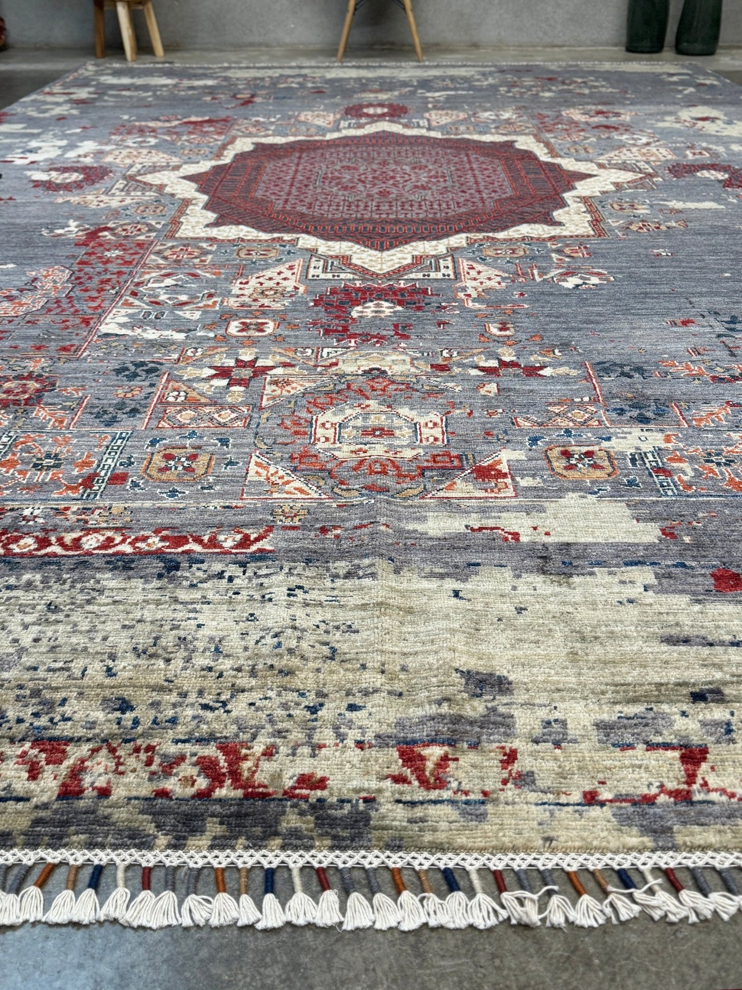 Transitional erased modern Mamluk design rug in 9x12 size with crimson medallion, silvery gray background, and ivory accents — perfect for living rooms, dining rooms, or bedrooms. Handmade wool rug from Indigo Rugs, Burlingame SF Bay Area with free shipping.