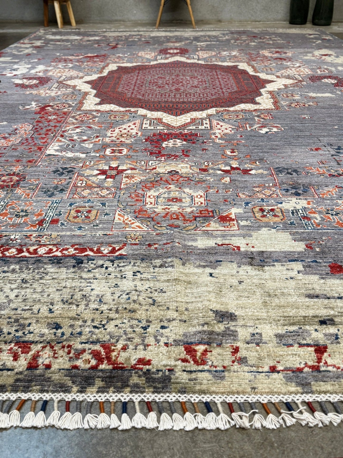 Transitional erased modern Mamluk design rug in 9x12 size with crimson medallion, silvery gray background, and ivory accents — perfect for living rooms, dining rooms, or bedrooms. Handmade wool rug from Indigo Rugs, Burlingame SF Bay Area with free shipping.