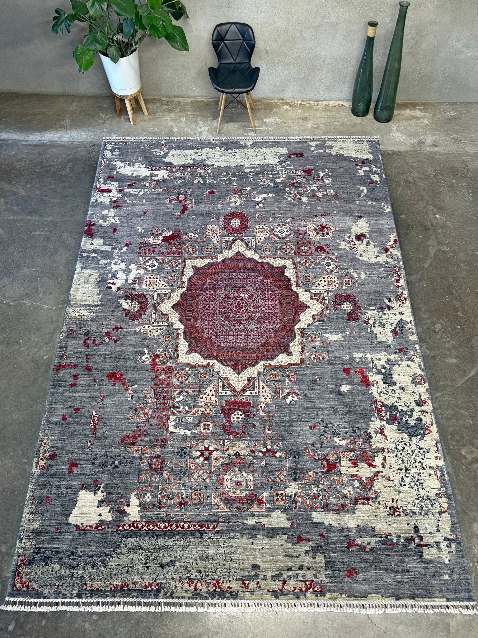 Transitional erased modern Mamluk design rug in 9x12 size with crimson medallion, silvery gray background, and ivory accents — perfect for living rooms, dining rooms, or bedrooms. Handmade wool rug from Indigo Rugs, Burlingame SF Bay Area with free shipping.
