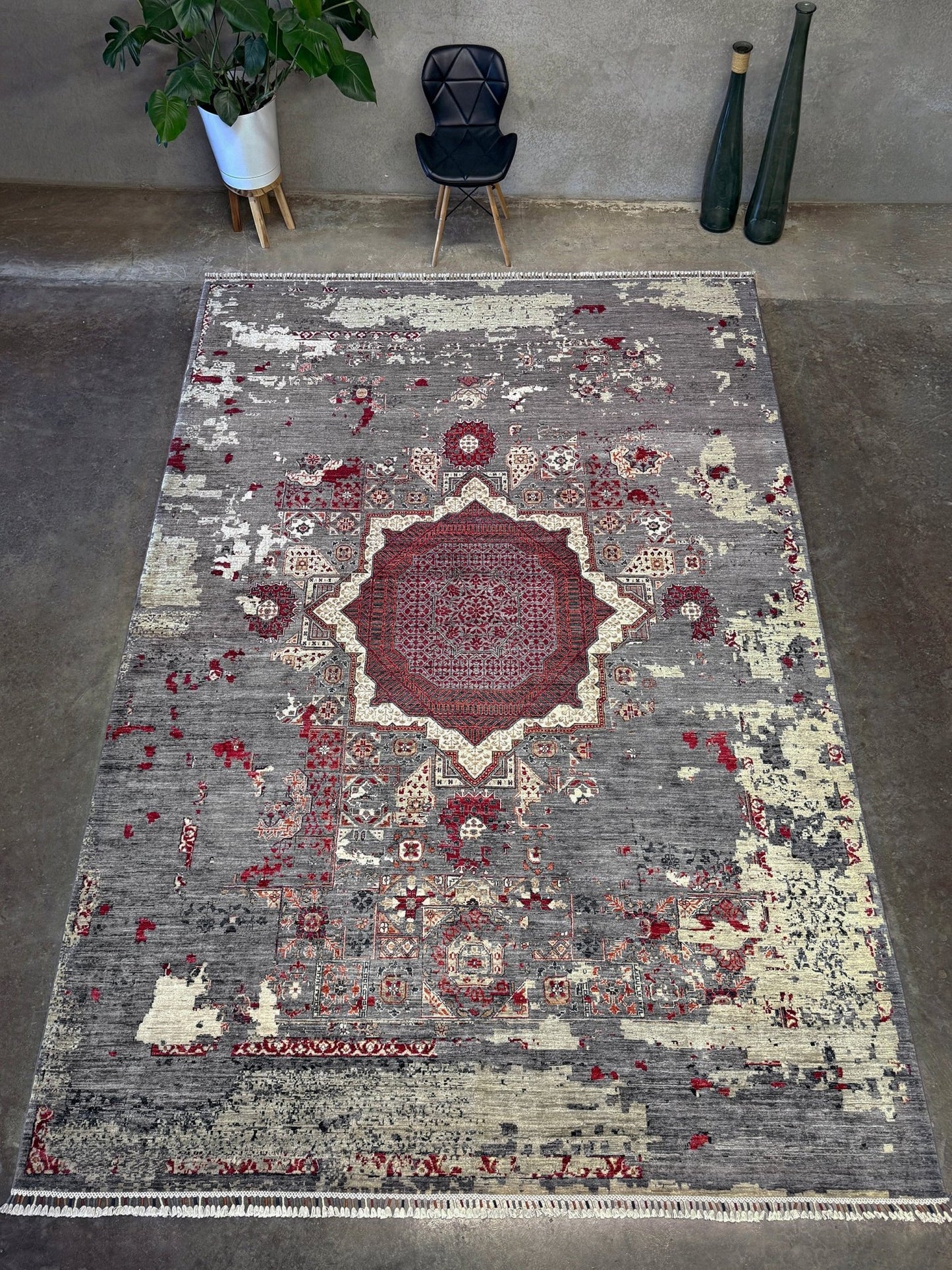 Transitional erased modern Mamluk design rug in 9x12 size with crimson medallion, silvery gray background, and ivory accents — perfect for living rooms, dining rooms, or bedrooms. Handmade wool rug from Indigo Rugs, Burlingame SF Bay Area with free shipping.