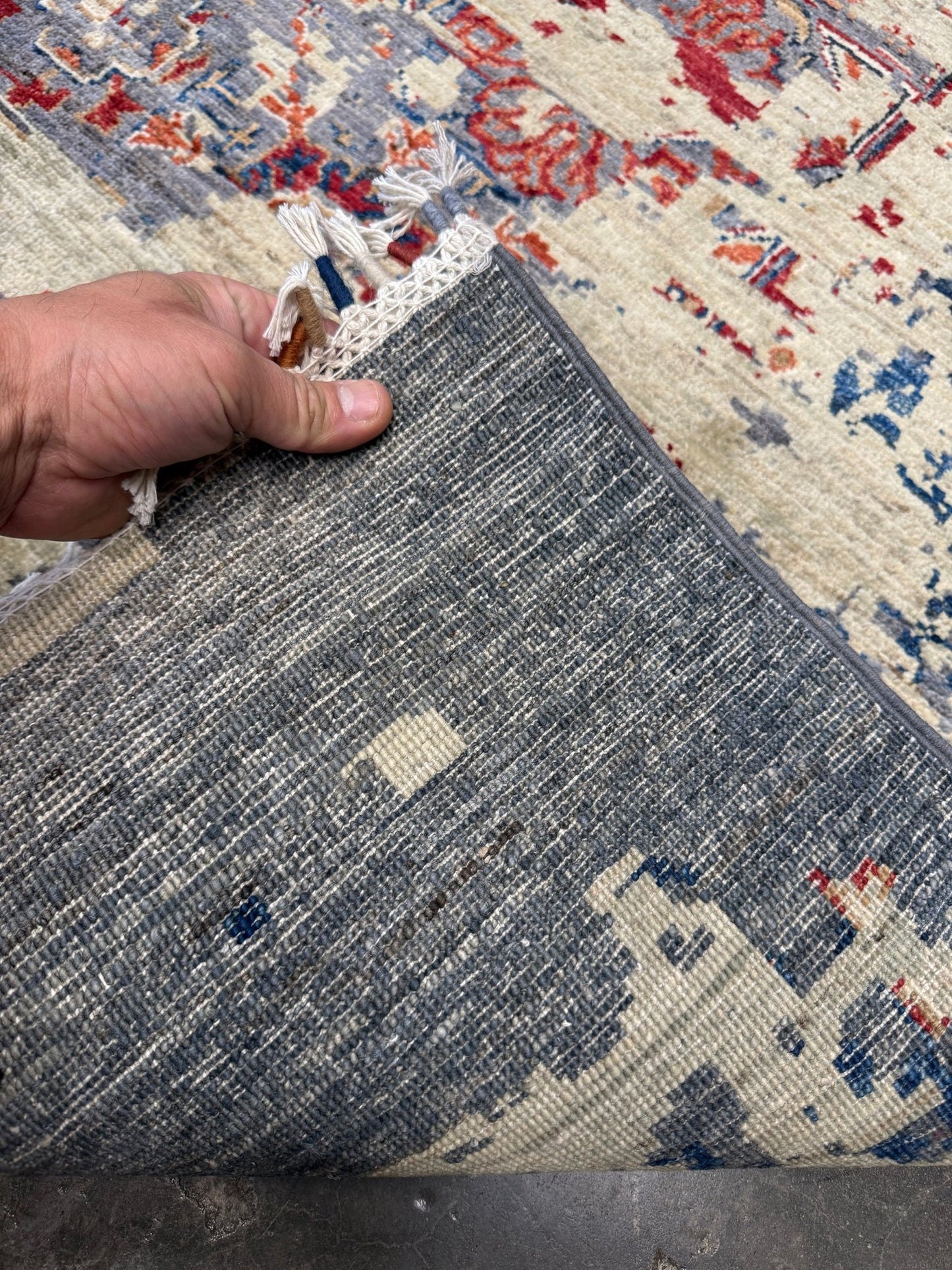 Transitional erased modern Mamluk design rug in 9x12 size with crimson medallion, silvery gray background, and ivory accents — perfect for living rooms, dining rooms, or bedrooms. Handmade wool rug from Indigo Rugs, Burlingame SF Bay Area with free shipping.