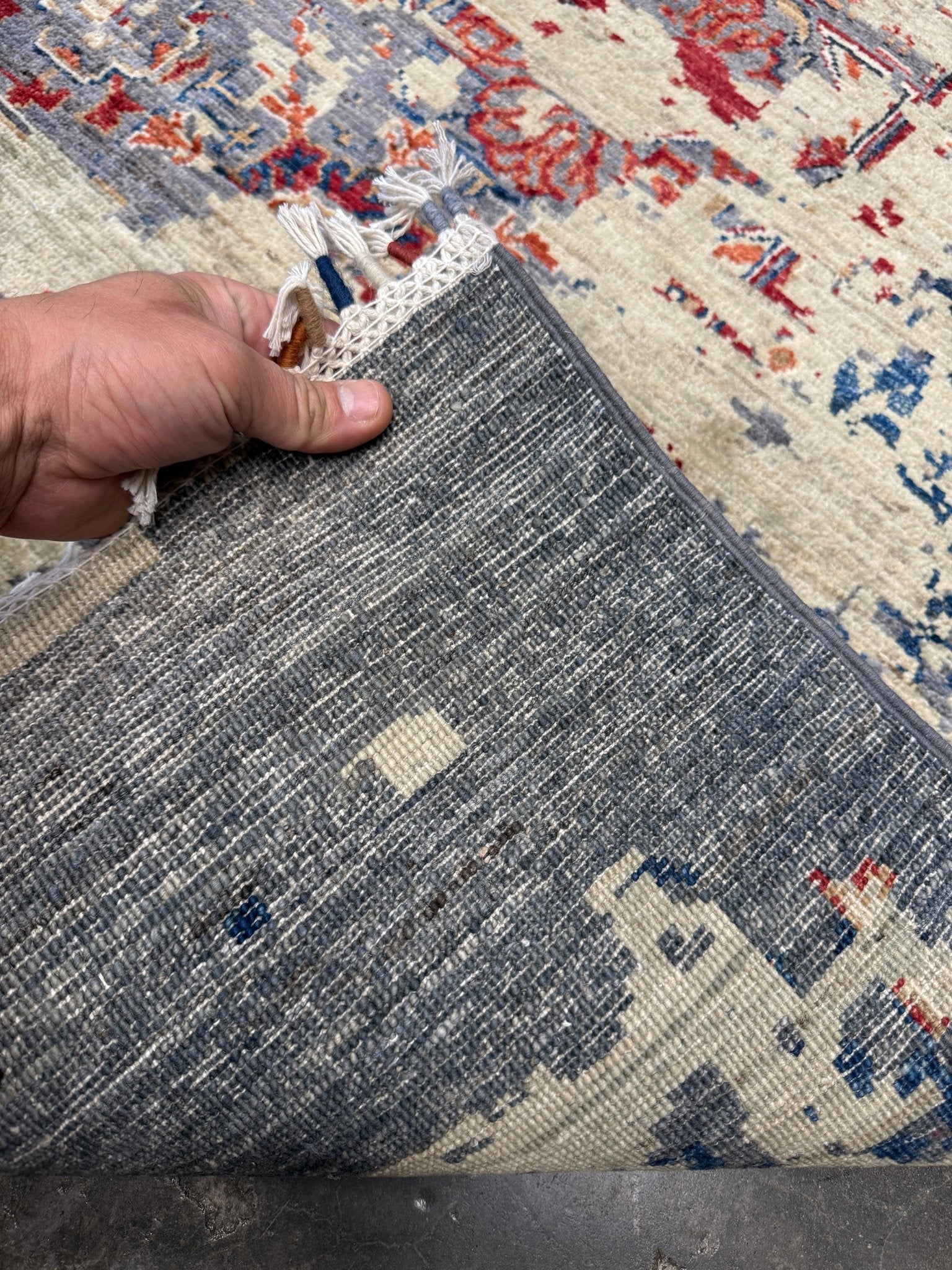 Transitional erased modern Mamluk design rug in 9x12 size with crimson medallion, silvery gray background, and ivory accents — perfect for living rooms, dining rooms, or bedrooms. Handmade wool rug from Indigo Rugs, Burlingame SF Bay Area with free shipping.