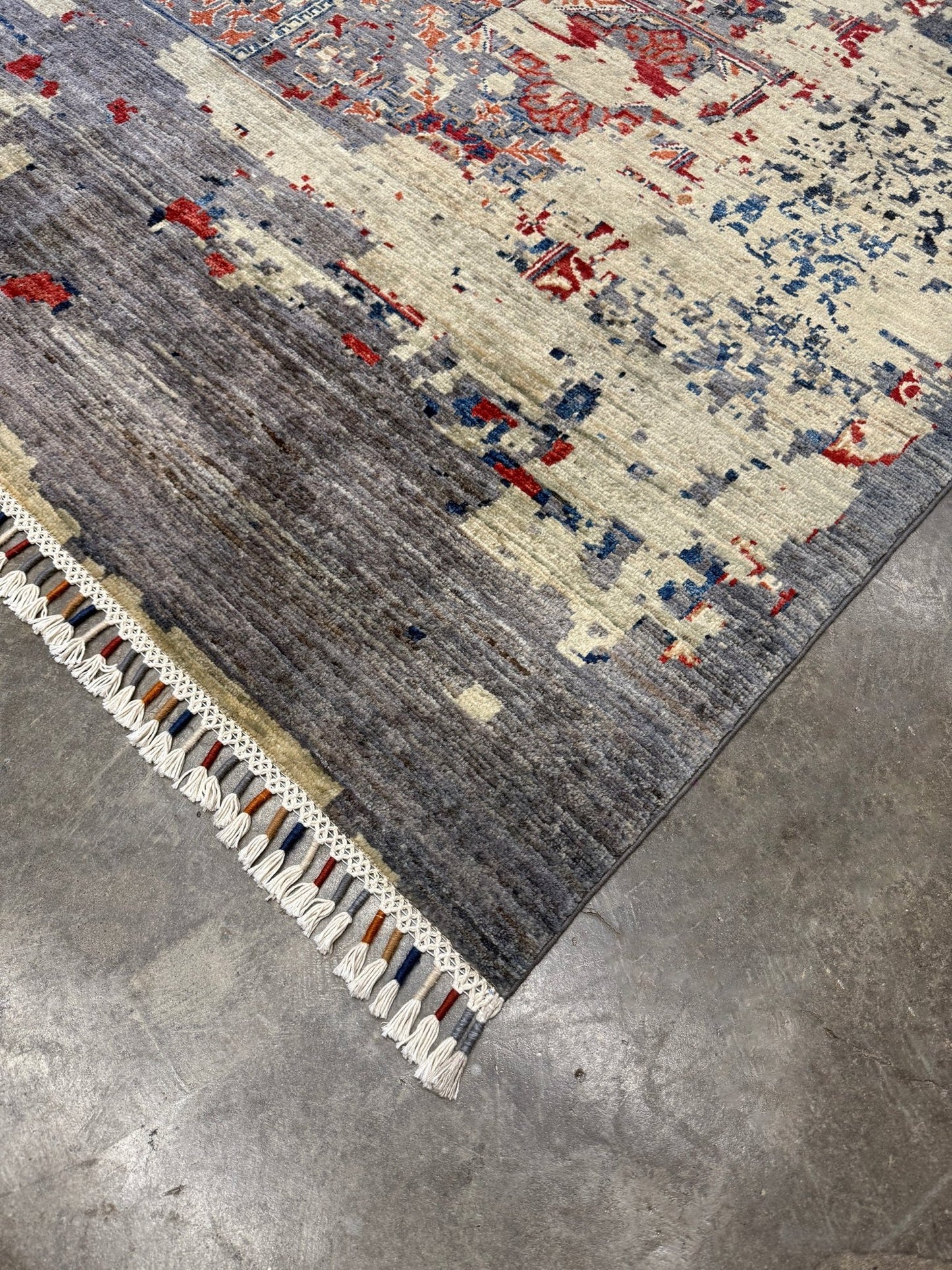 Transitional erased modern Mamluk design rug in 9x12 size with crimson medallion, silvery gray background, and ivory accents — perfect for living rooms, dining rooms, or bedrooms. Handmade wool rug from Indigo Rugs, Burlingame SF Bay Area with free shipping.