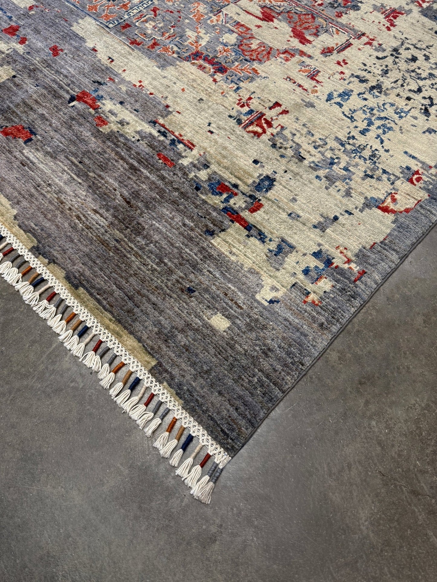 Transitional erased modern Mamluk design rug in 9x12 size with crimson medallion, silvery gray background, and ivory accents — perfect for living rooms, dining rooms, or bedrooms. Handmade wool rug from Indigo Rugs, Burlingame SF Bay Area with free shipping.