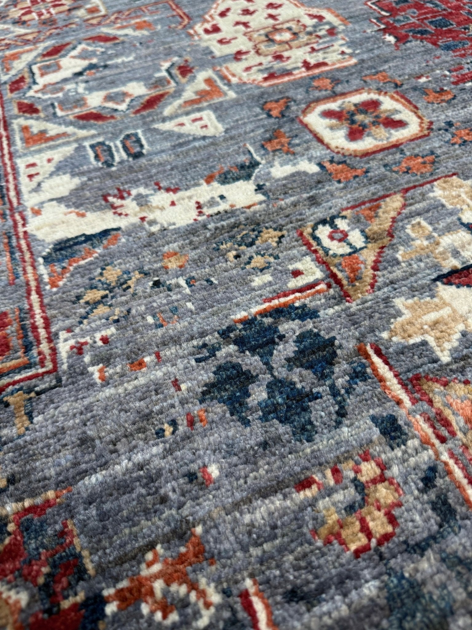Transitional erased modern Mamluk design rug in 9x12 size with crimson medallion, silvery gray background, and ivory accents — perfect for living rooms, dining rooms, or bedrooms. Handmade wool rug from Indigo Rugs, Burlingame SF Bay Area with free shipping.