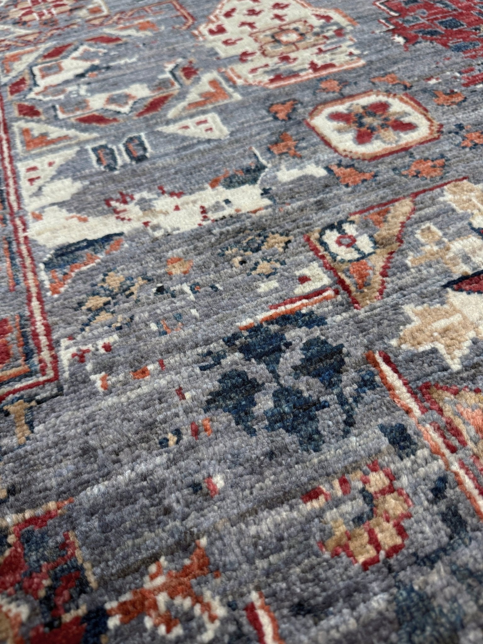 Transitional erased modern Mamluk design rug in 9x12 size with crimson medallion, silvery gray background, and ivory accents — perfect for living rooms, dining rooms, or bedrooms. Handmade wool rug from Indigo Rugs, Burlingame SF Bay Area with free shipping.