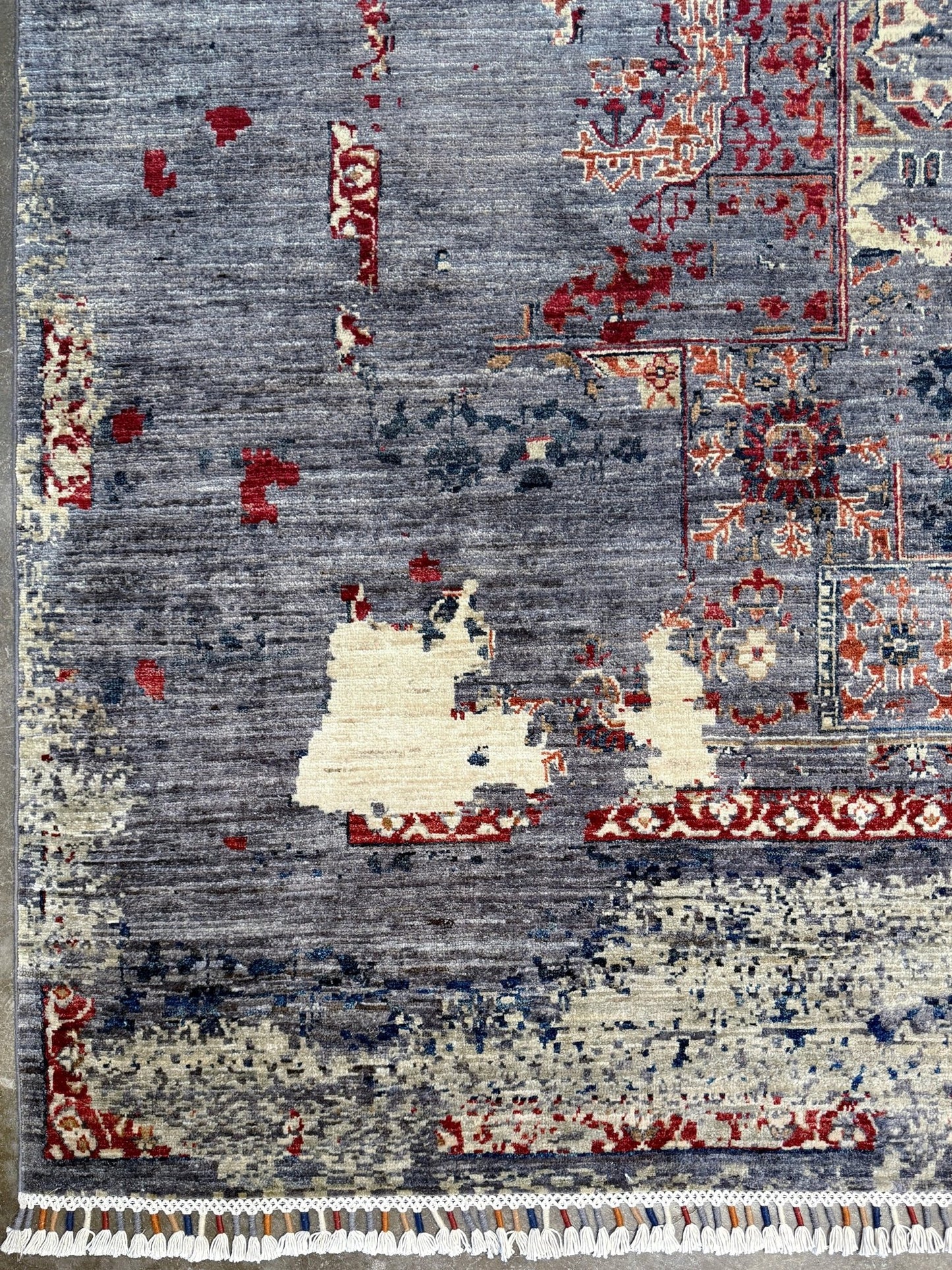 Transitional erased modern Mamluk design rug in 9x12 size with crimson medallion, silvery gray background, and ivory accents — perfect for living rooms, dining rooms, or bedrooms. Handmade wool rug from Indigo Rugs, Burlingame SF Bay Area with free shipping.