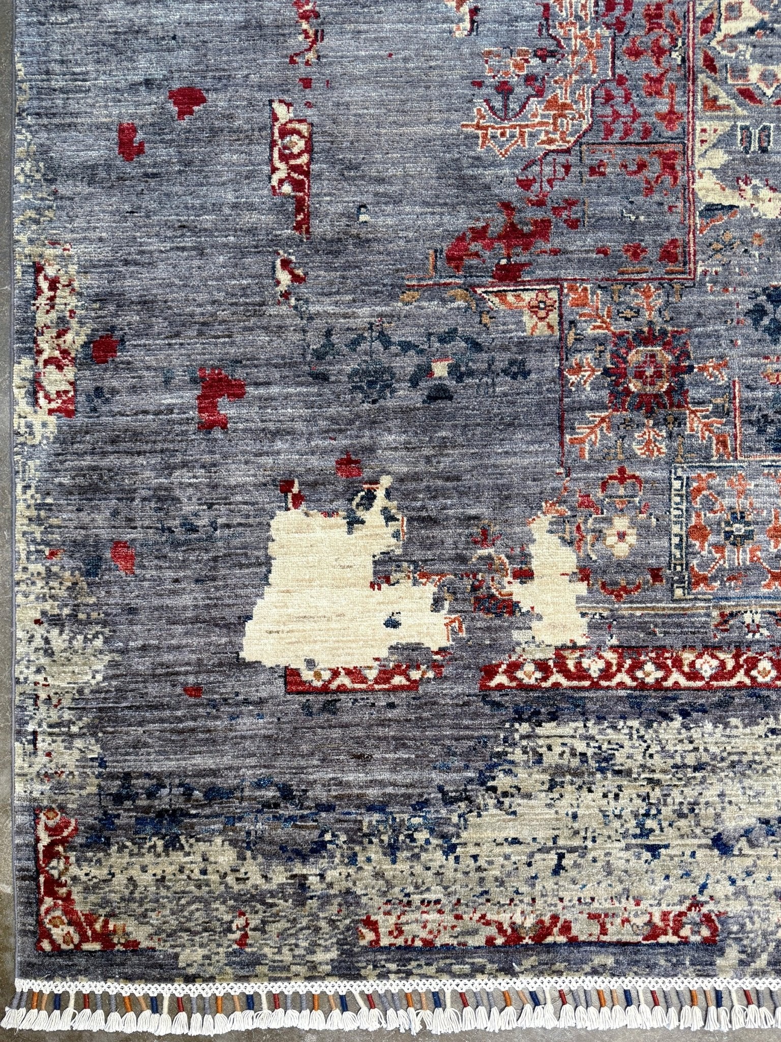 Transitional erased modern Mamluk design rug in 9x12 size with crimson medallion, silvery gray background, and ivory accents — perfect for living rooms, dining rooms, or bedrooms. Handmade wool rug from Indigo Rugs, Burlingame SF Bay Area with free shipping.