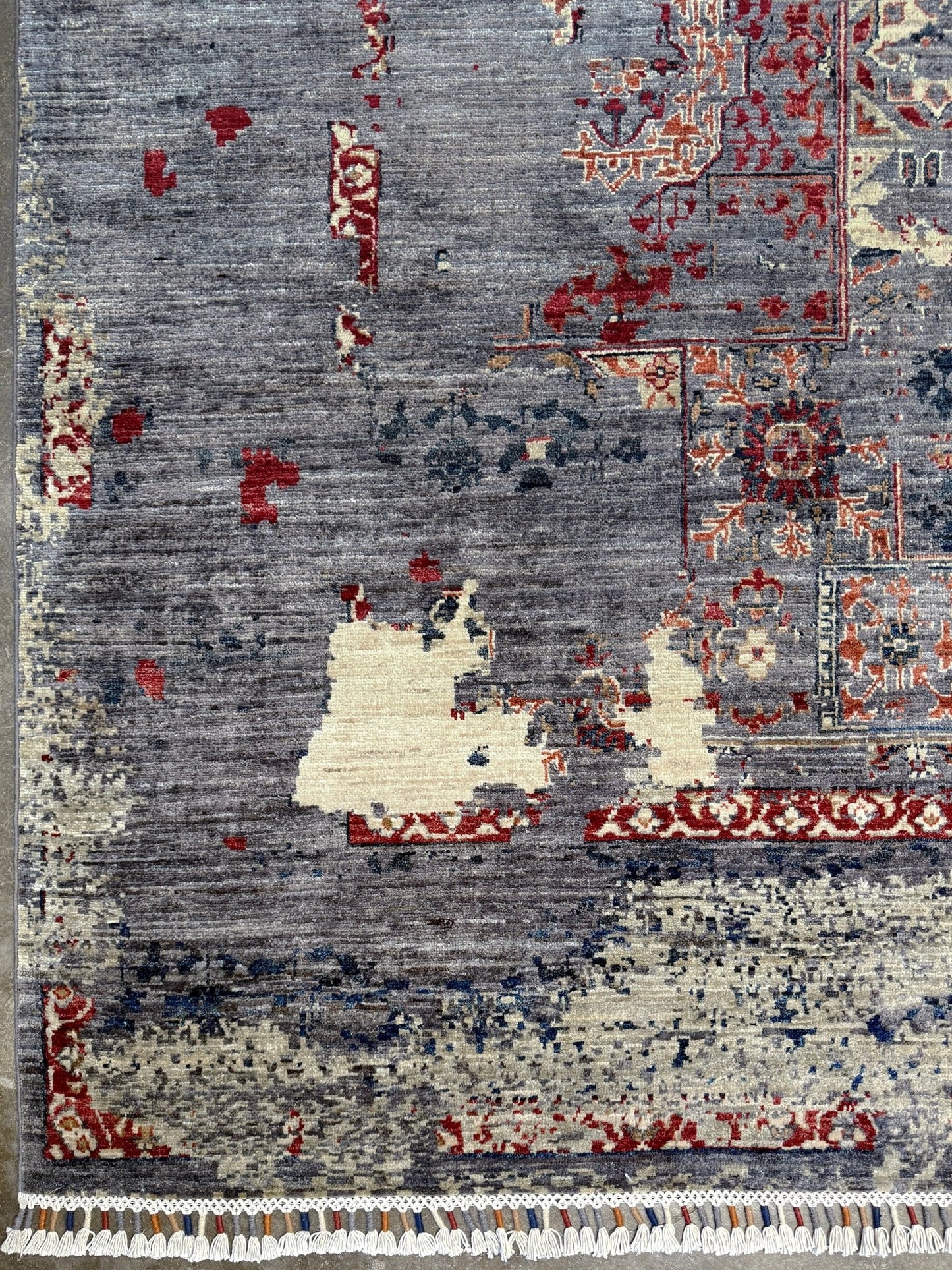 Transitional erased modern Mamluk design rug in 9x12 size with crimson medallion, silvery gray background, and ivory accents — perfect for living rooms, dining rooms, or bedrooms. Handmade wool rug from Indigo Rugs, Burlingame SF Bay Area with free shipping.