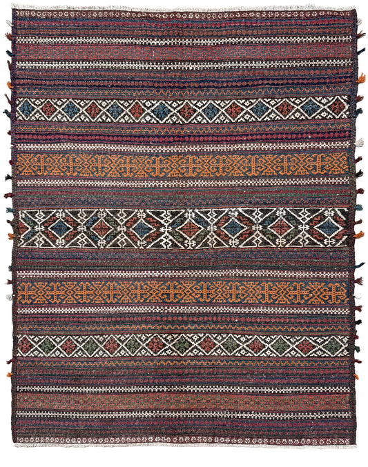 Patterned rug with multicolor stripes and geometric designs on a white background. Vintage Persian tribal kilim rug with geometric horizontal bands, brick red, indigo blue, orange, decorative side tassels, handmade wool flatweave 5x6 from Indigo Rugs Burlingame Bay Area.