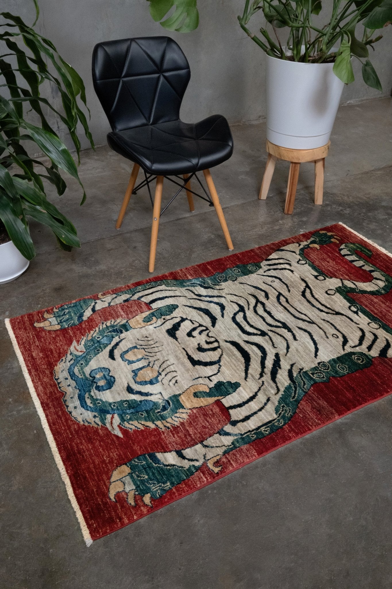 Brand new Tibetan tiger rug with rust red, ivory tiger, teal blue, handmade wool accent rug 3x5 from Indigo Rugs Burlingame Bay Area.