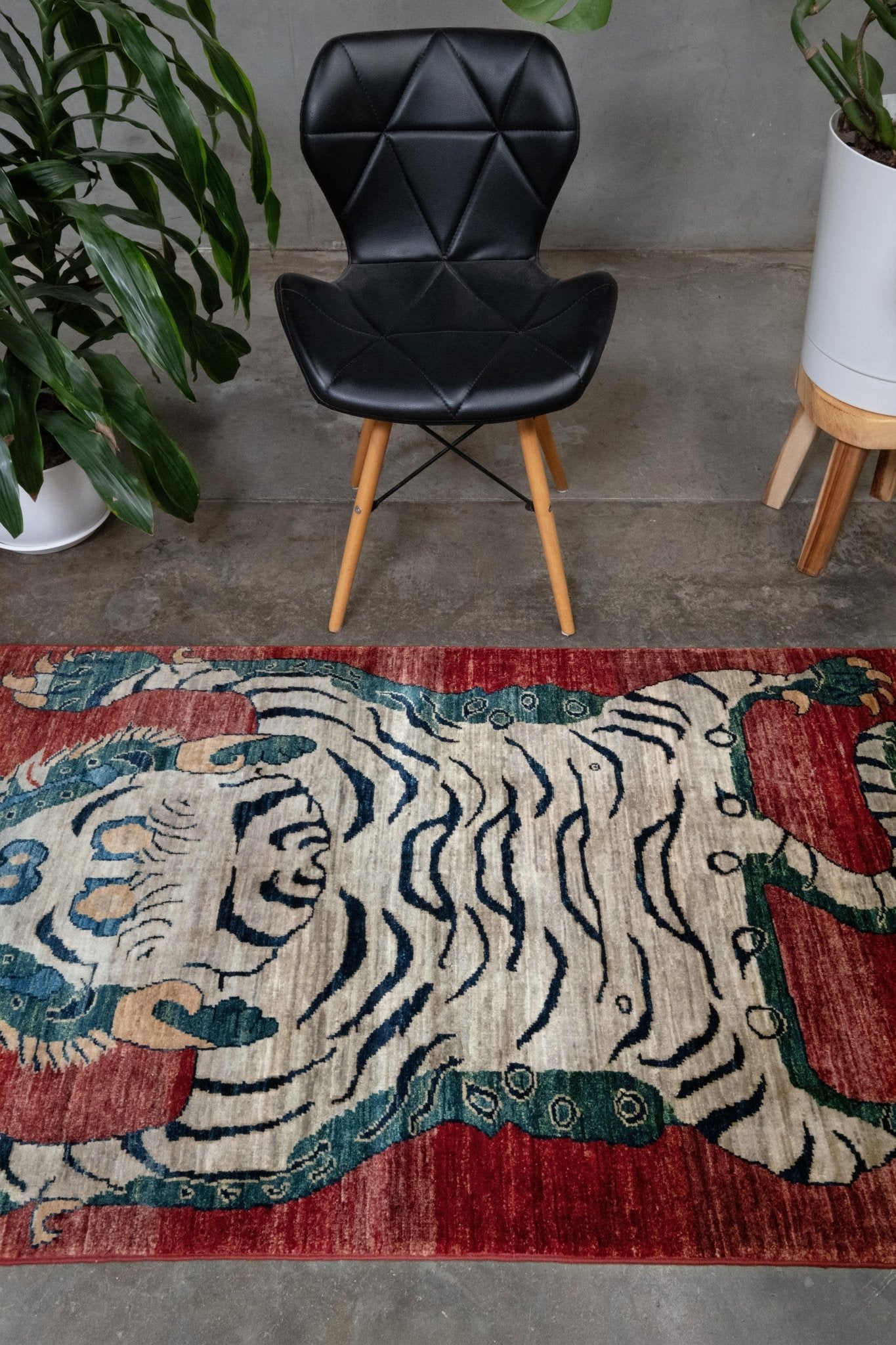 Brand new Tibetan tiger rug with rust red, ivory tiger, teal blue, handmade wool accent rug 3x5 from Indigo Rugs Burlingame Bay Area.