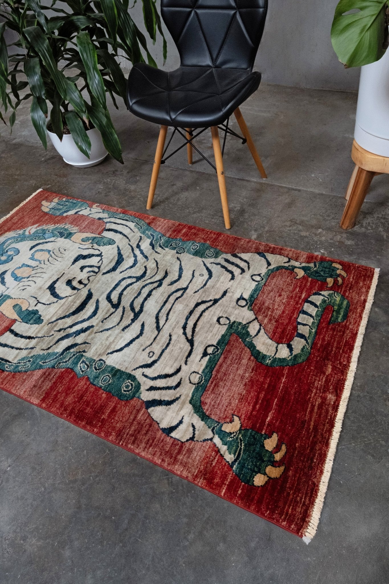 Brand new Tibetan tiger rug with rust red, ivory tiger, teal blue, handmade wool accent rug 3x5 from Indigo Rugs Burlingame Bay Area.