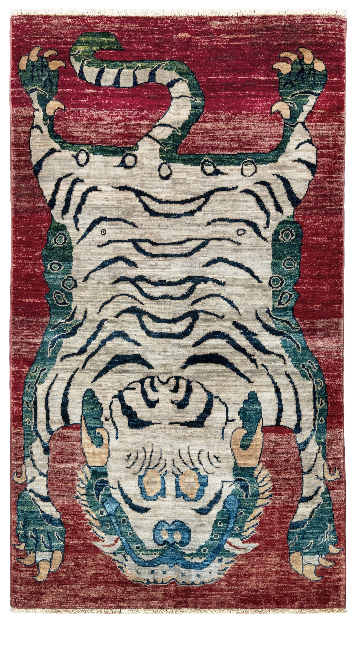 Rug with a tiger design on a red background. Brand new Tibetan tiger rug with rust red, ivory tiger, teal blue, handmade wool accent rug 3x5 from Indigo Rugs Burlingame Bay Area.
