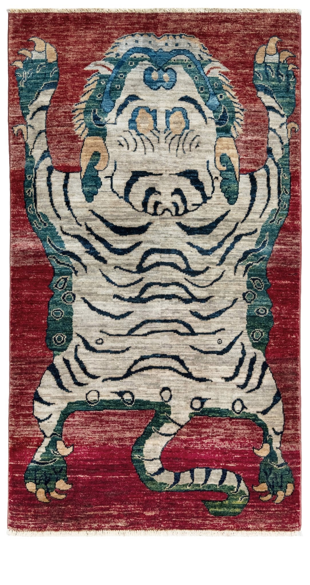 Rug with a tiger design on a red background. Brand new Tibetan tiger rug with rust red, ivory tiger, teal blue, handmade wool accent rug 3x5 from Indigo Rugs Burlingame Bay Area.