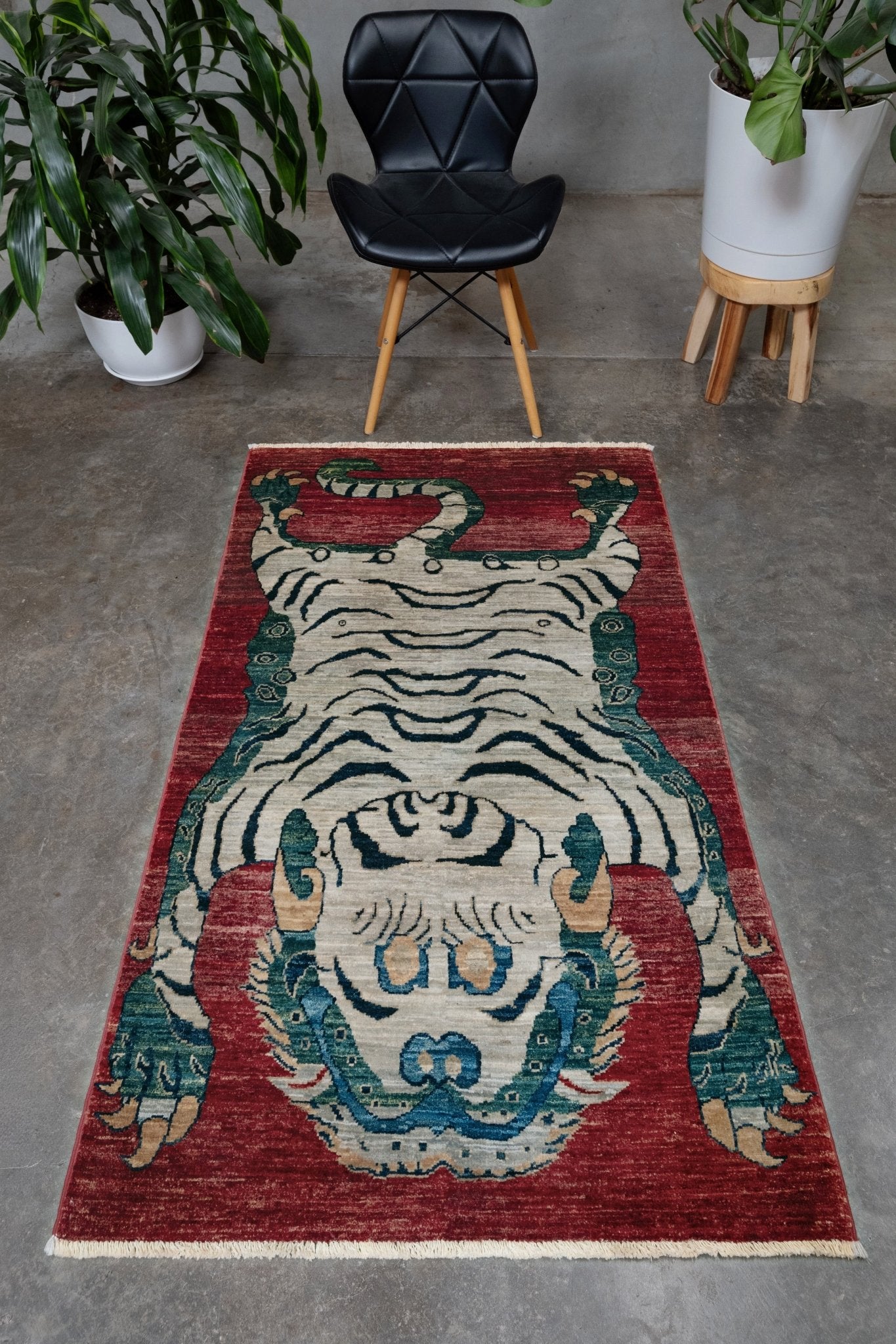 Brand new Tibetan tiger rug with rust red, ivory tiger, teal blue, handmade wool accent rug 3x5 from Indigo Rugs Burlingame Bay Area.