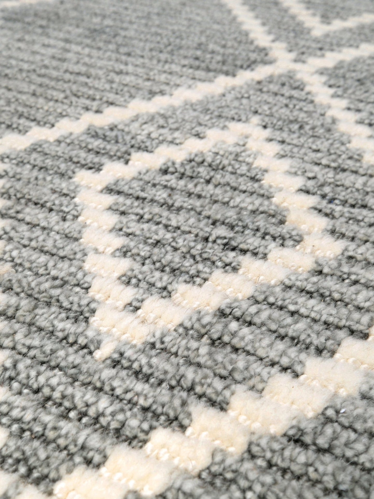 Small gray Turkish Tulu rug with ivory diamond pattern, handmade wool rug, 4x6 from Indigo Rugs Burlingame Bay Area.
