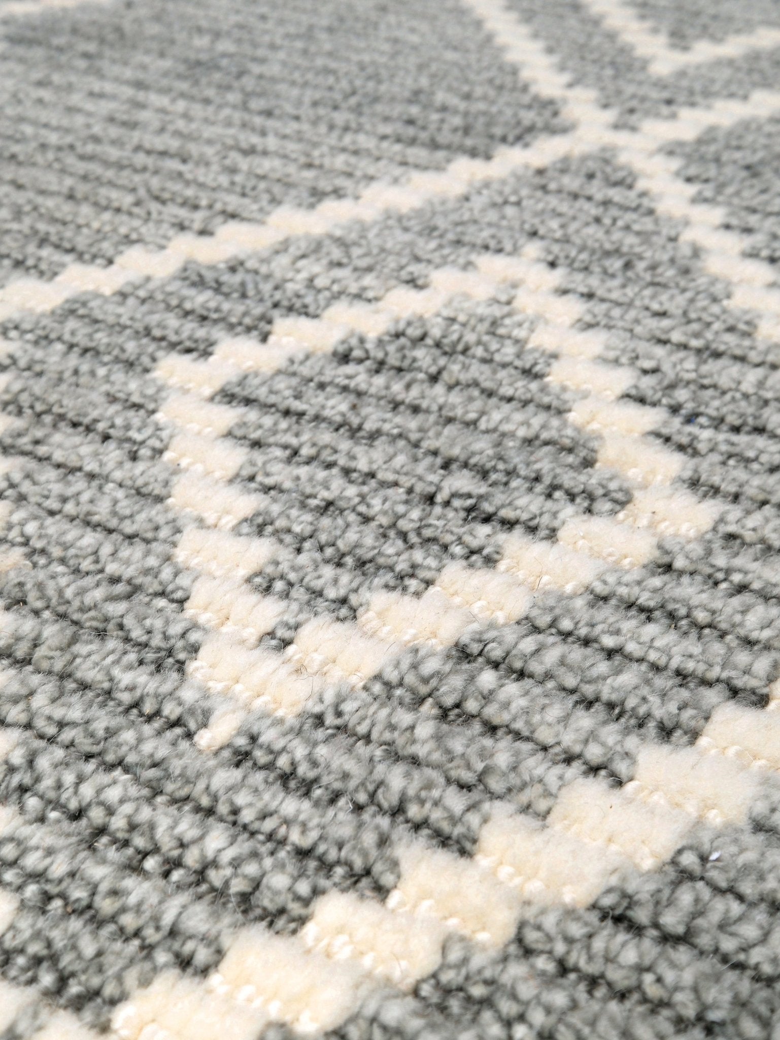 Small gray Turkish Tulu rug with ivory diamond pattern, handmade wool rug, 4x6 from Indigo Rugs Burlingame Bay Area.