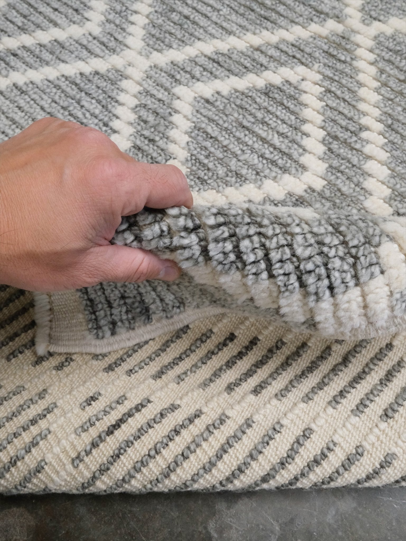 Small gray Turkish Tulu rug with ivory geometric diamond pattern, handmade wool rug, 4x6 from Indigo Rugs Burlingame Bay Area.