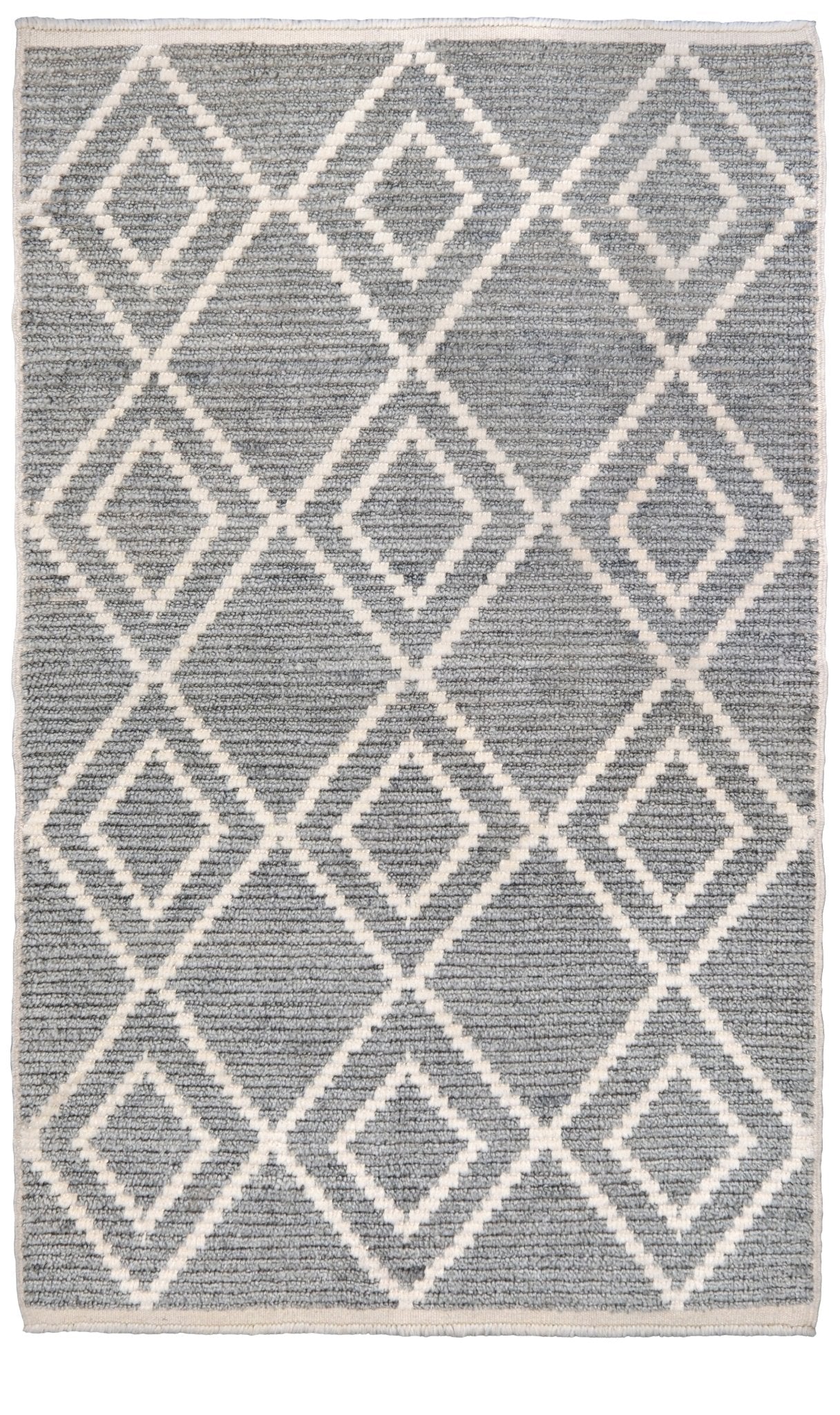 Small gray Turkish Tulu rug with ivory diamond pattern, handmade wool rug, 4x6 from Indigo Rugs Burlingame Bay Area.