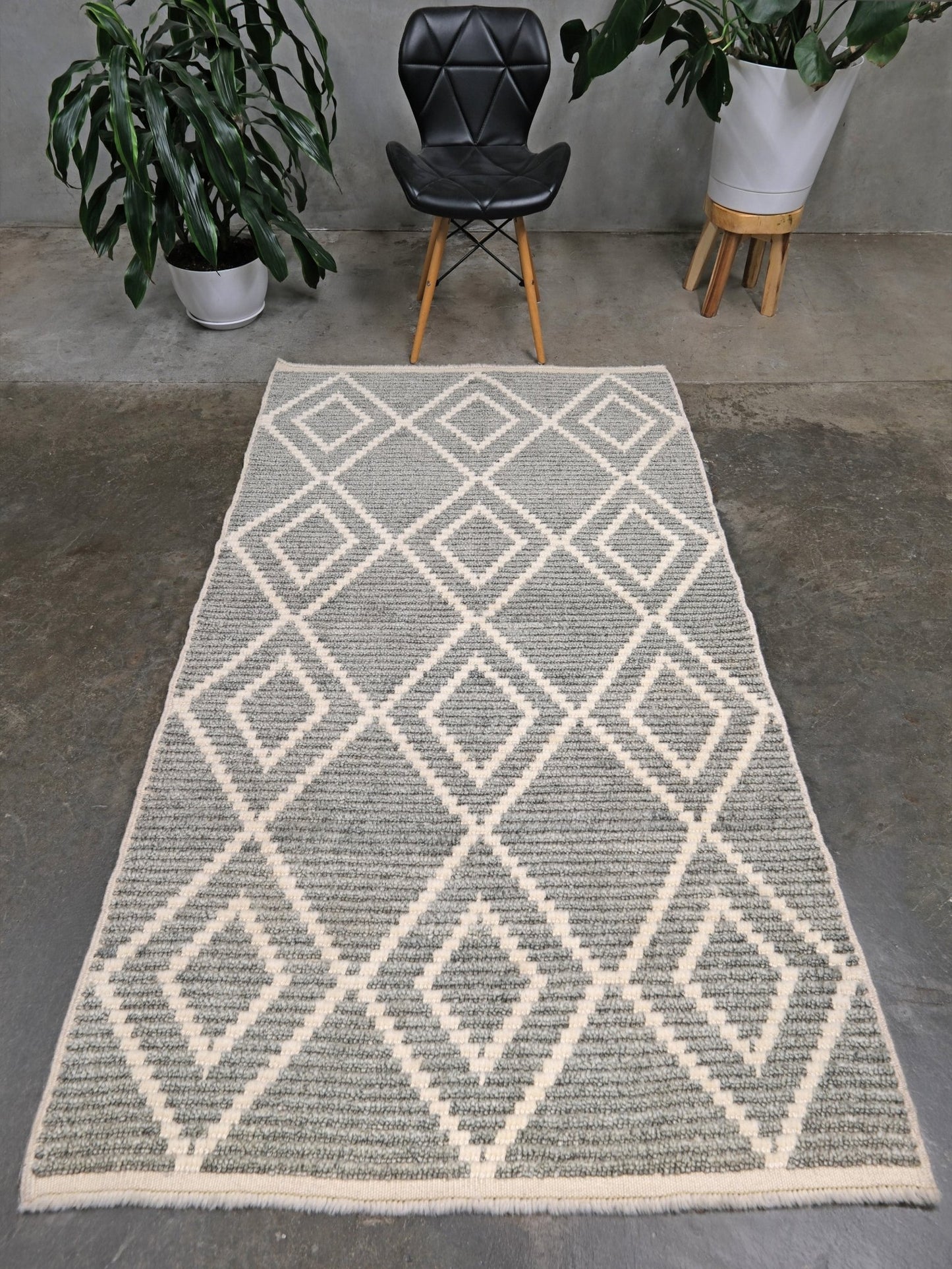 Small gray Turkish Tulu rug with ivory diamond pattern, handmade wool rug, 4x6 from Indigo Rugs Burlingame Bay Area.