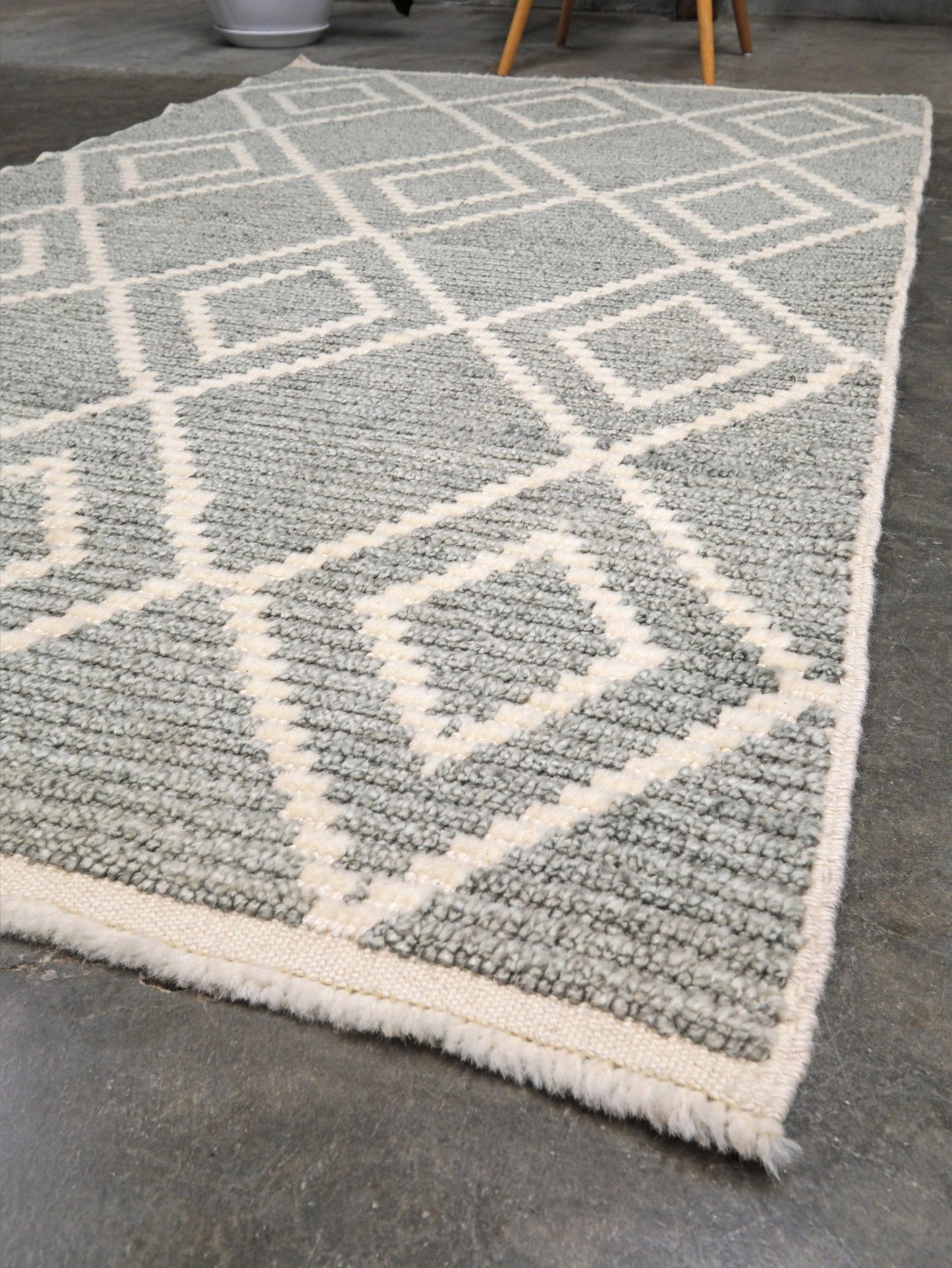 Small gray Turkish Tulu rug with ivory diamond pattern, handmade wool rug, 4x6 from Indigo Rugs Burlingame Bay Area.