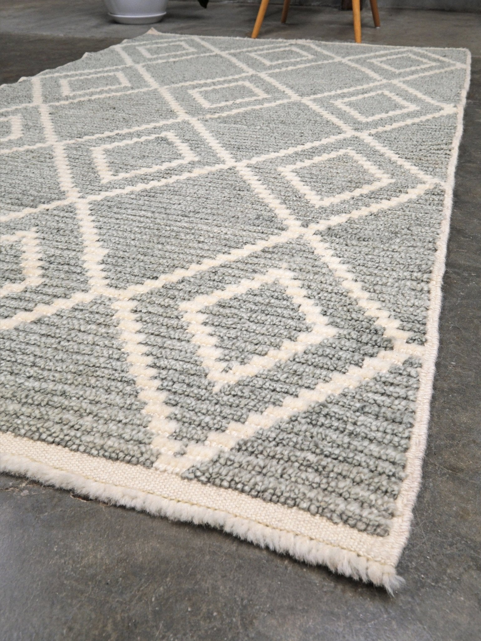 Small gray Turkish Tulu rug with ivory diamond pattern, handmade wool rug, 4x6 from Indigo Rugs Burlingame Bay Area.