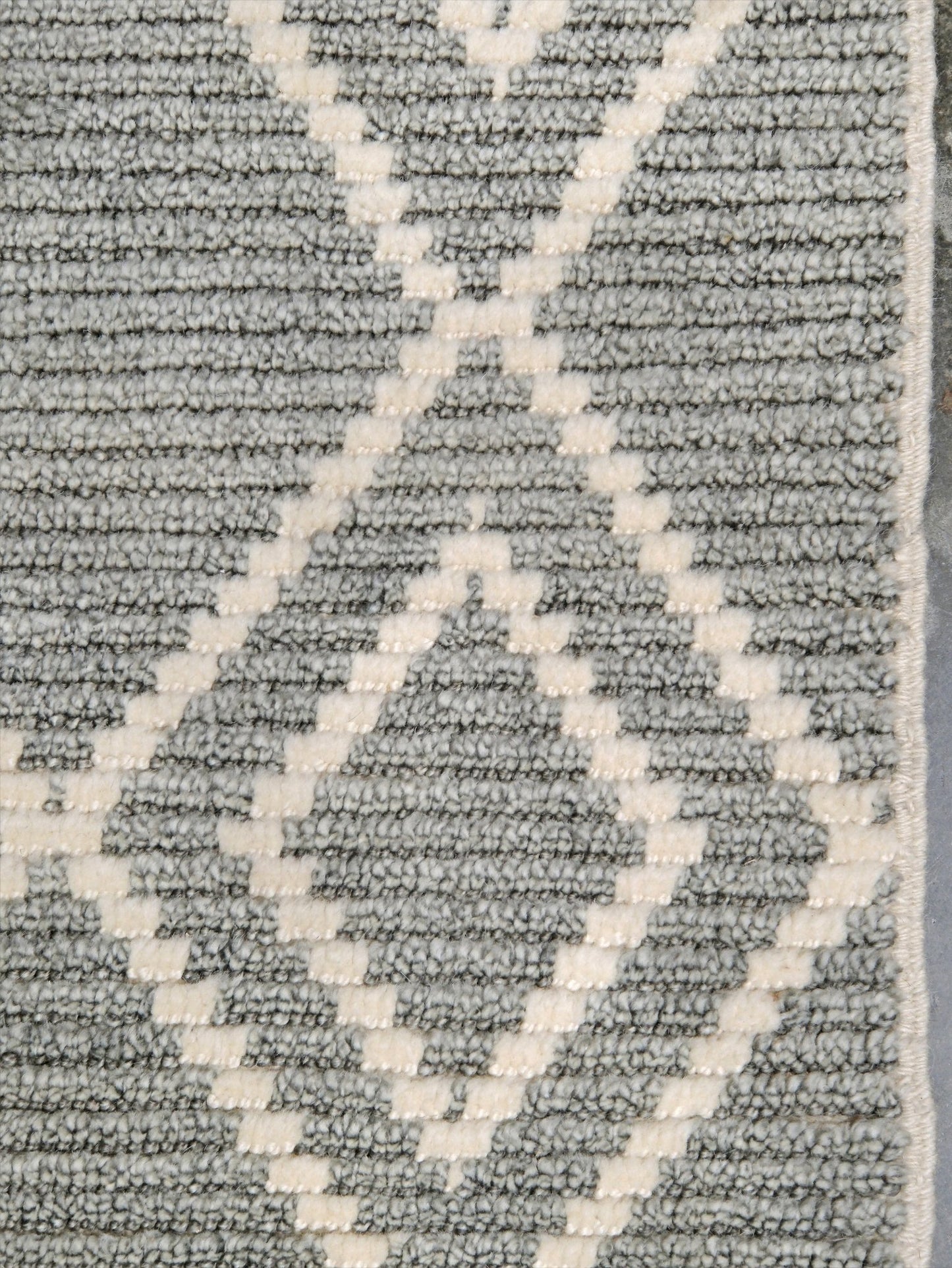 Small gray Turkish Tulu rug with ivory geometric diamond pattern, handmade wool rug, 4x6 from Indigo Rugs Burlingame Bay Area.
