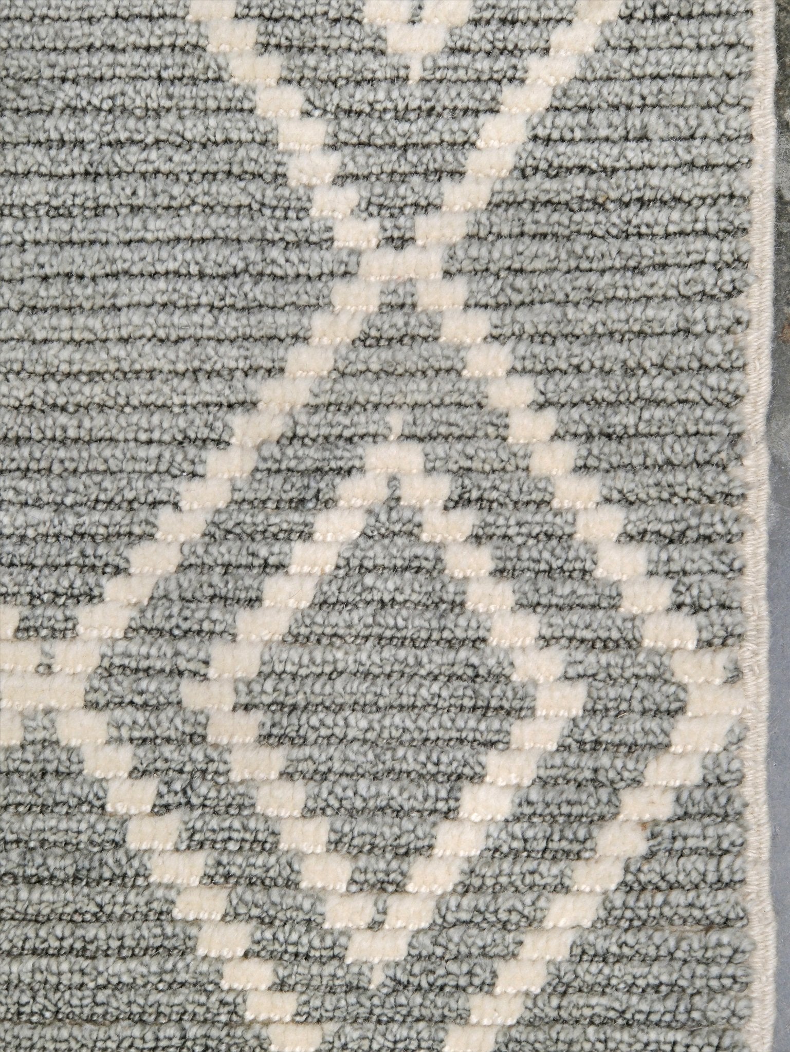 Small gray Turkish Tulu rug with ivory geometric diamond pattern, handmade wool rug, 4x6 from Indigo Rugs Burlingame Bay Area.