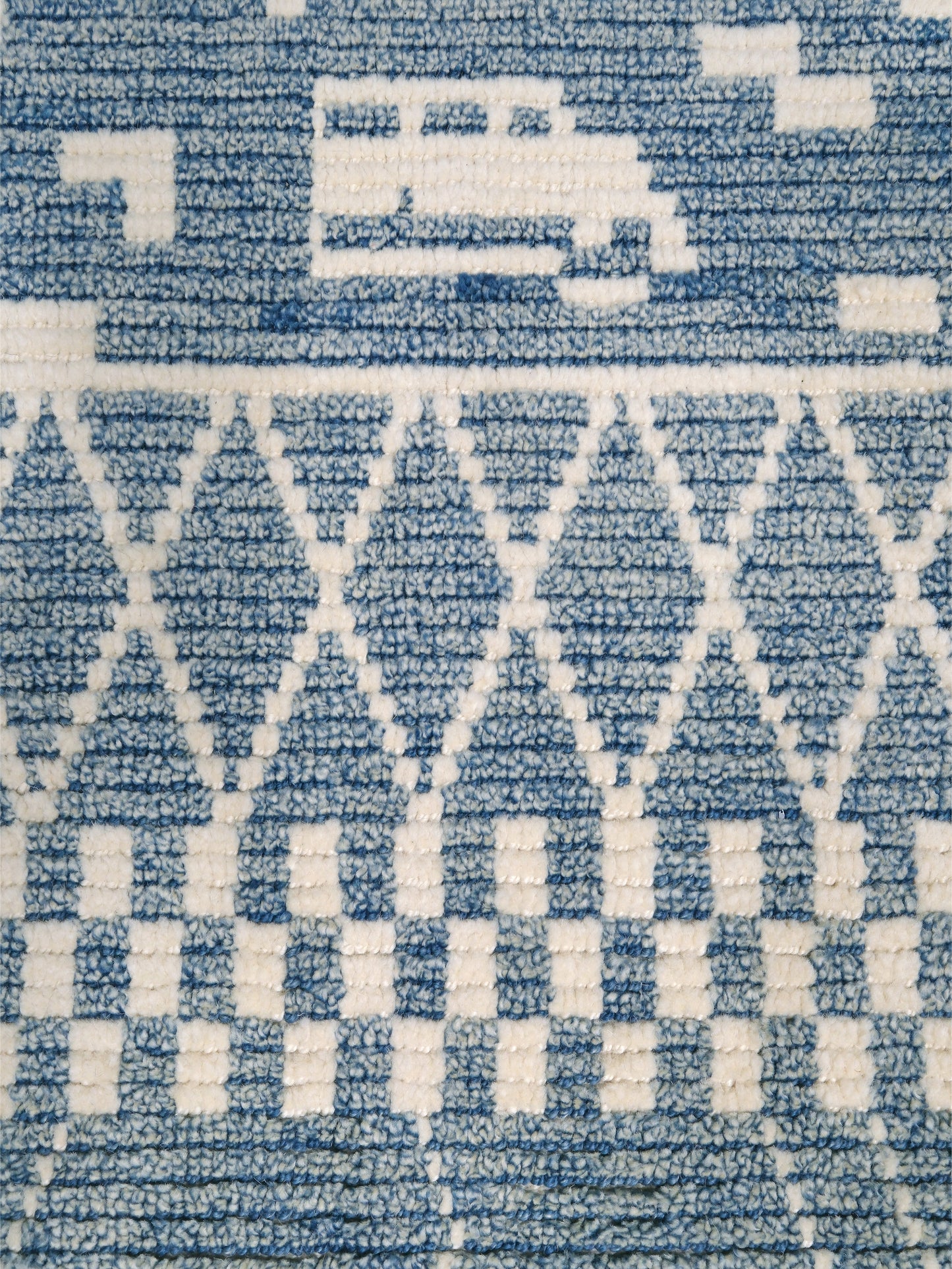 Small blue Turkish Tulu rug with ivory geometric motifs, checker details and textured wool pile, handmade wool rug 4x6 from Indigo Rugs Burlingame Bay Area.