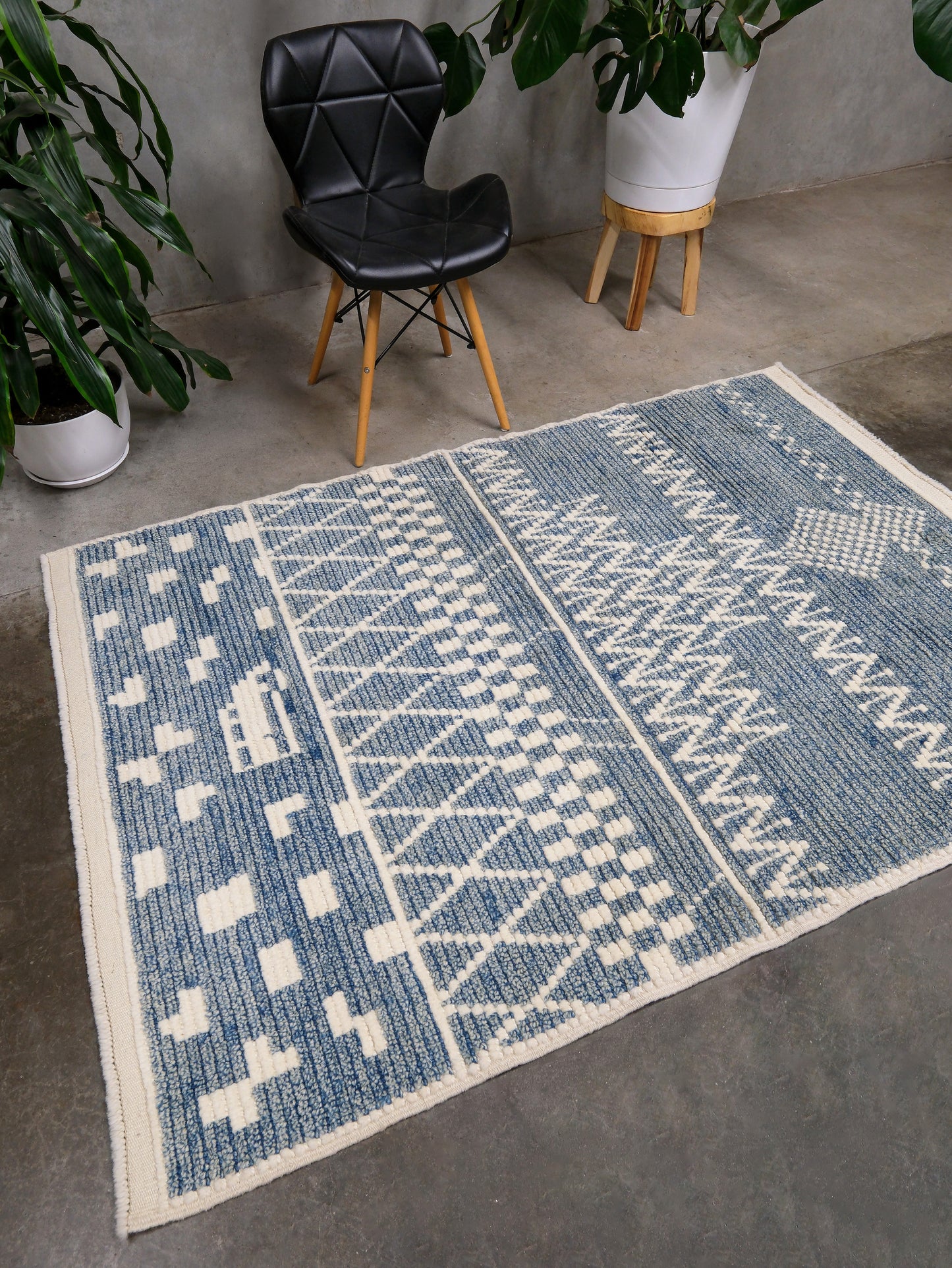Small blue Turkish Tulu rug with ivory geometric motifs, checker details and textured wool pile, handmade wool rug 4x6 from Indigo Rugs Burlingame Bay Area.