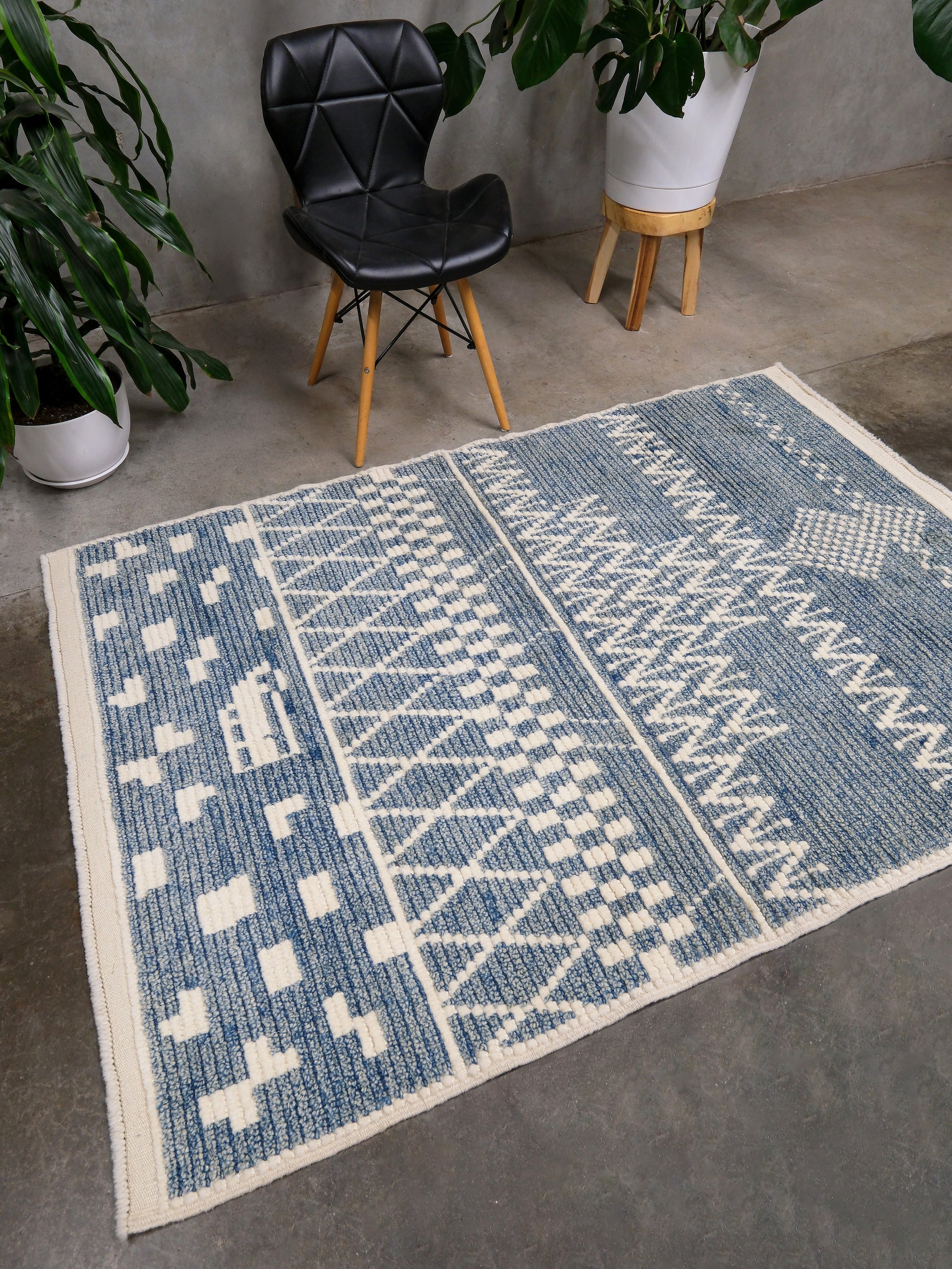 Small blue Turkish Tulu rug with ivory geometric motifs, checker details and textured wool pile, handmade wool rug 4x6 from Indigo Rugs Burlingame Bay Area.