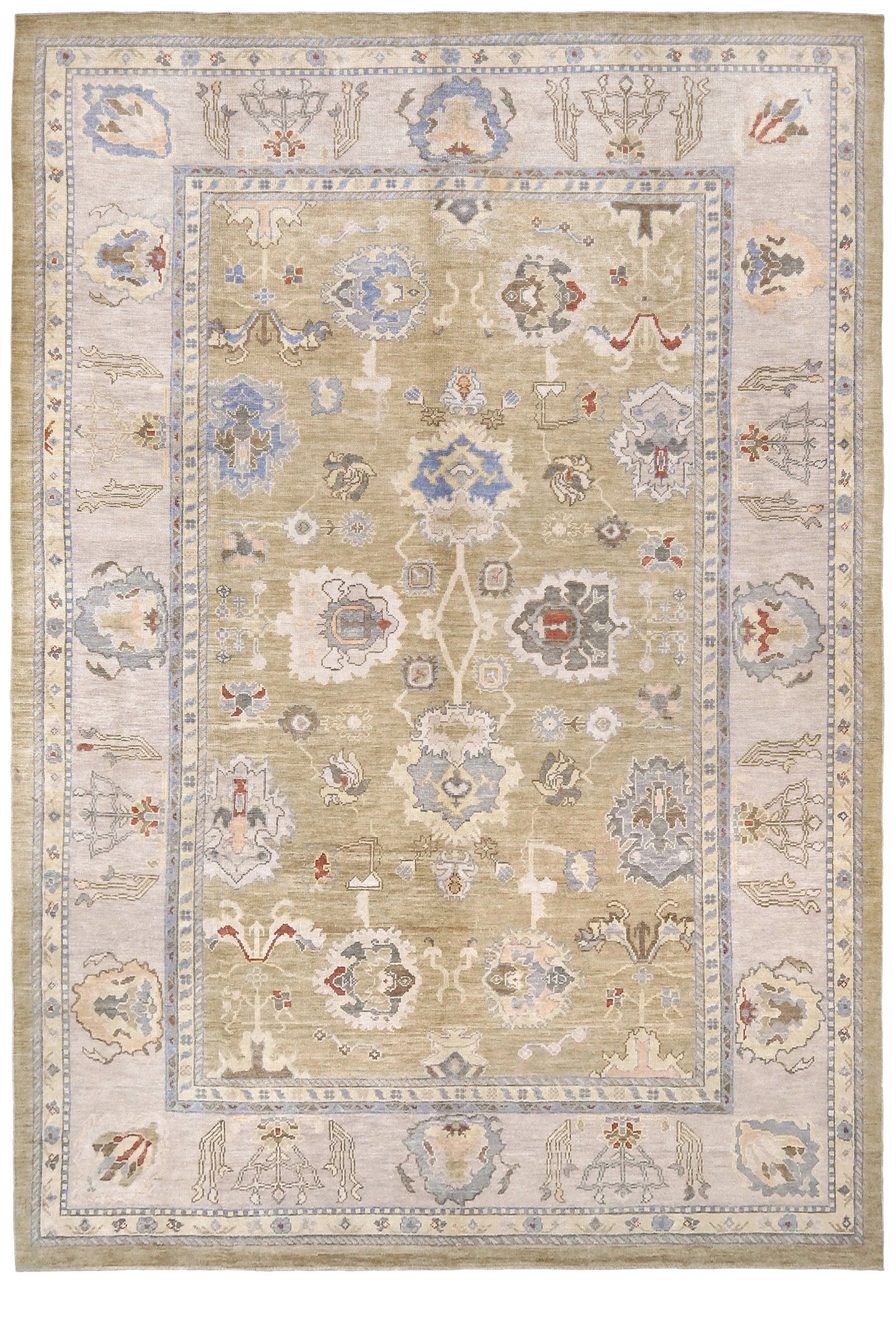 Light olive Turkish Oushak rug with warm ivory border, powder blue floral motifs, soft gray, taupe, and rust accents, hand-knotted wool 10x14 area rug from Indigo Rugs Burlingame Bay Area.