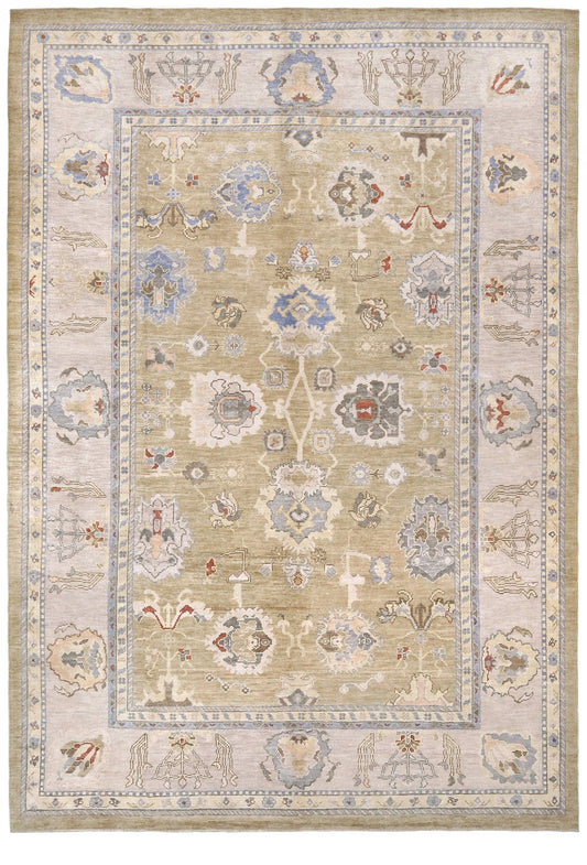 Light olive Turkish Oushak rug with warm ivory border, powder blue floral motifs, soft gray, taupe, and rust accents, hand-knotted wool 10x14 area rug from Indigo Rugs Burlingame Bay Area.
