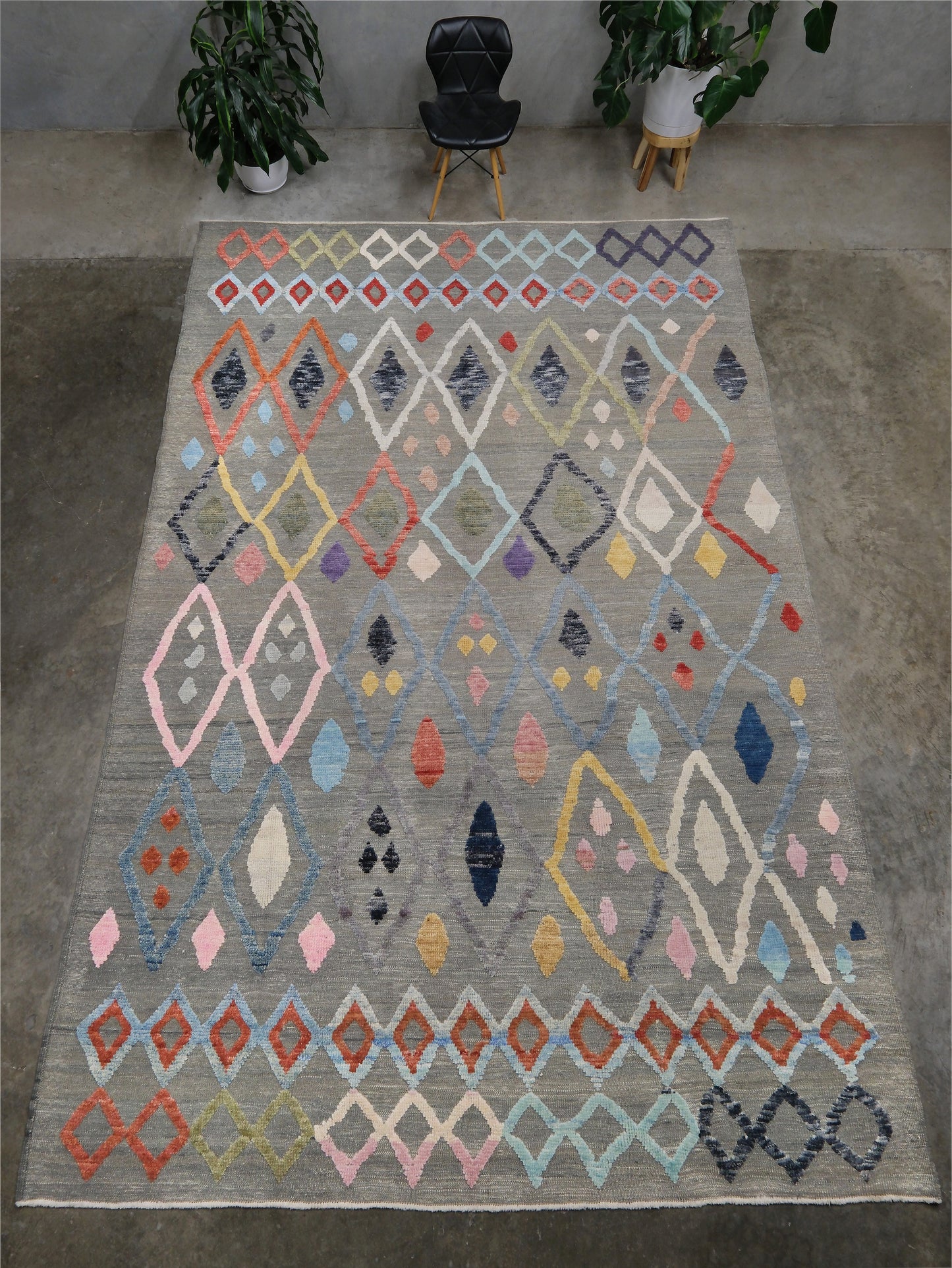 Warm gray vibrant modern Turkish Tulu rug with colorful raised diamond motifs, 3D wool pile texture, handmade wool area rug 9x12 from Indigo Rugs Burlingame Bay Area.