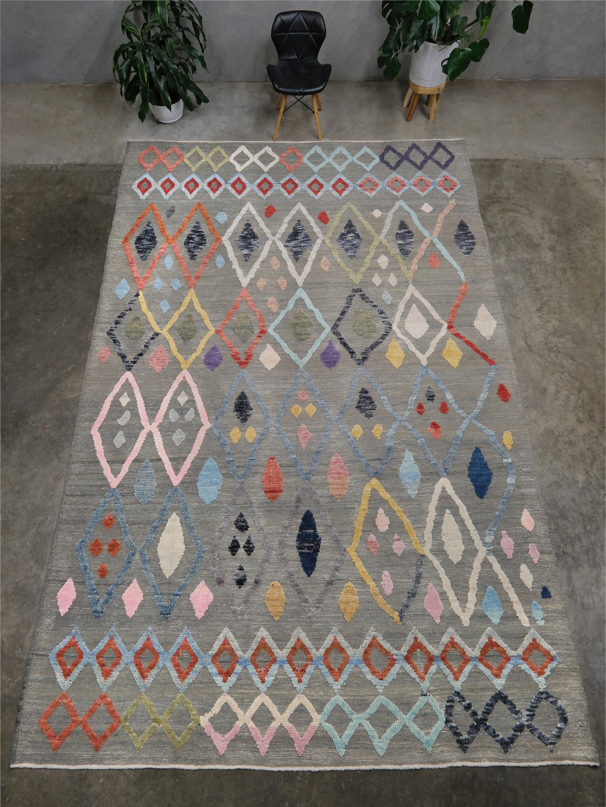 Warm gray vibrant modern Turkish Tulu rug with colorful raised diamond motifs, 3D wool pile texture, handmade wool area rug 9x12 from Indigo Rugs Burlingame Bay Area.
