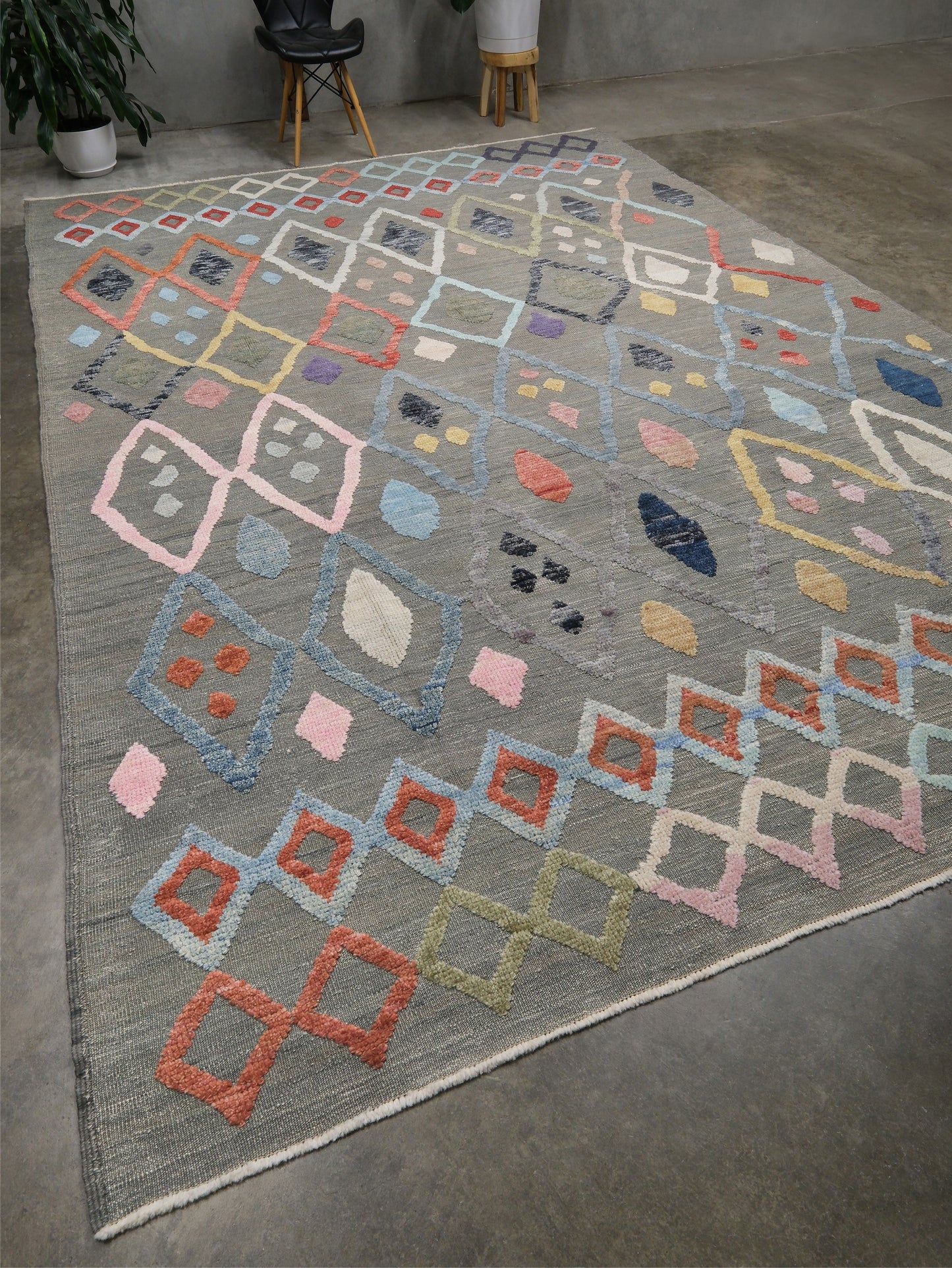 Warm gray vibrant modern Turkish Tulu rug with colorful raised diamond motifs, 3D wool pile texture, handmade wool area rug 9x12 from Indigo Rugs Burlingame Bay Area.